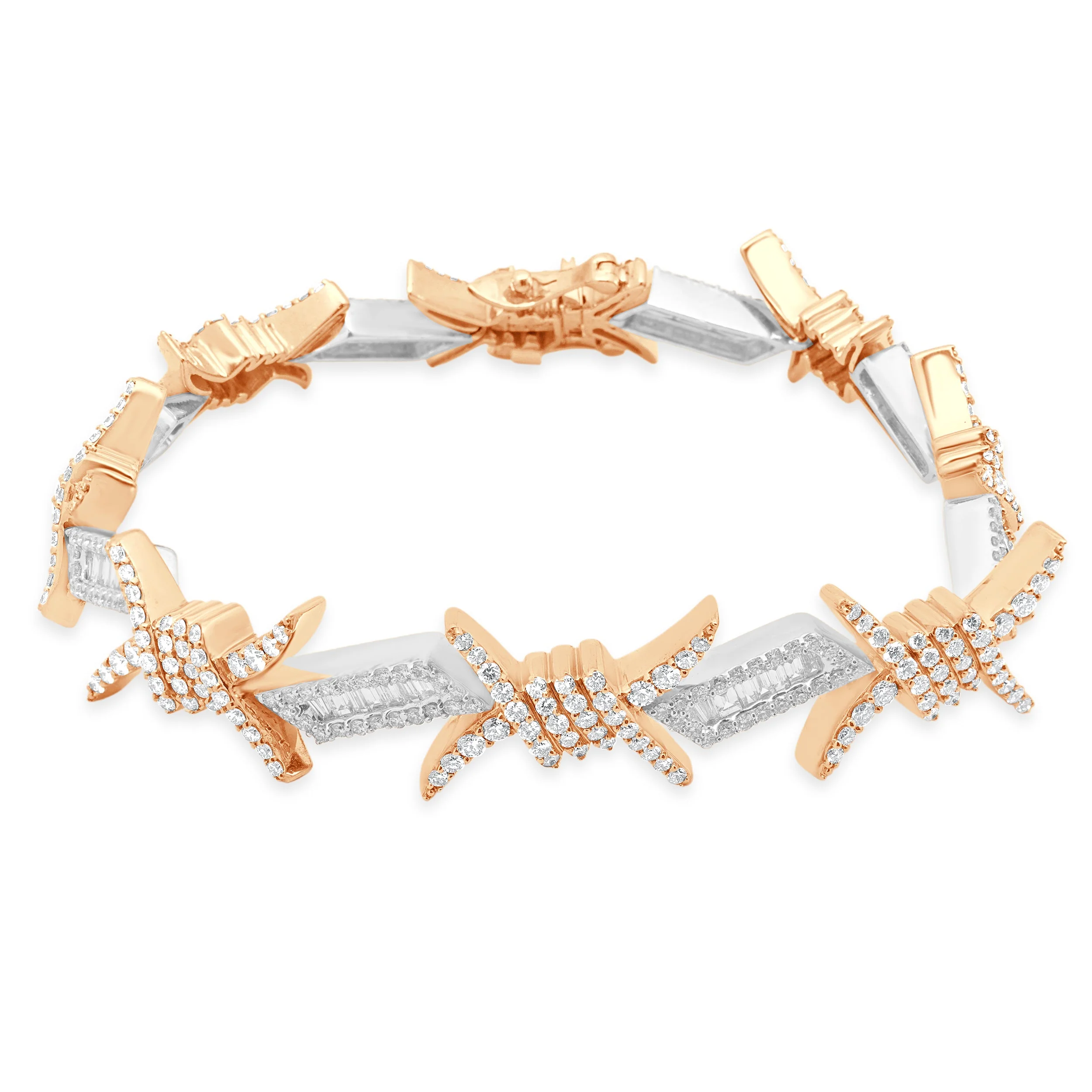 10 Karat Two Tone Diamond Barbwire Baguette and Round Bracelet