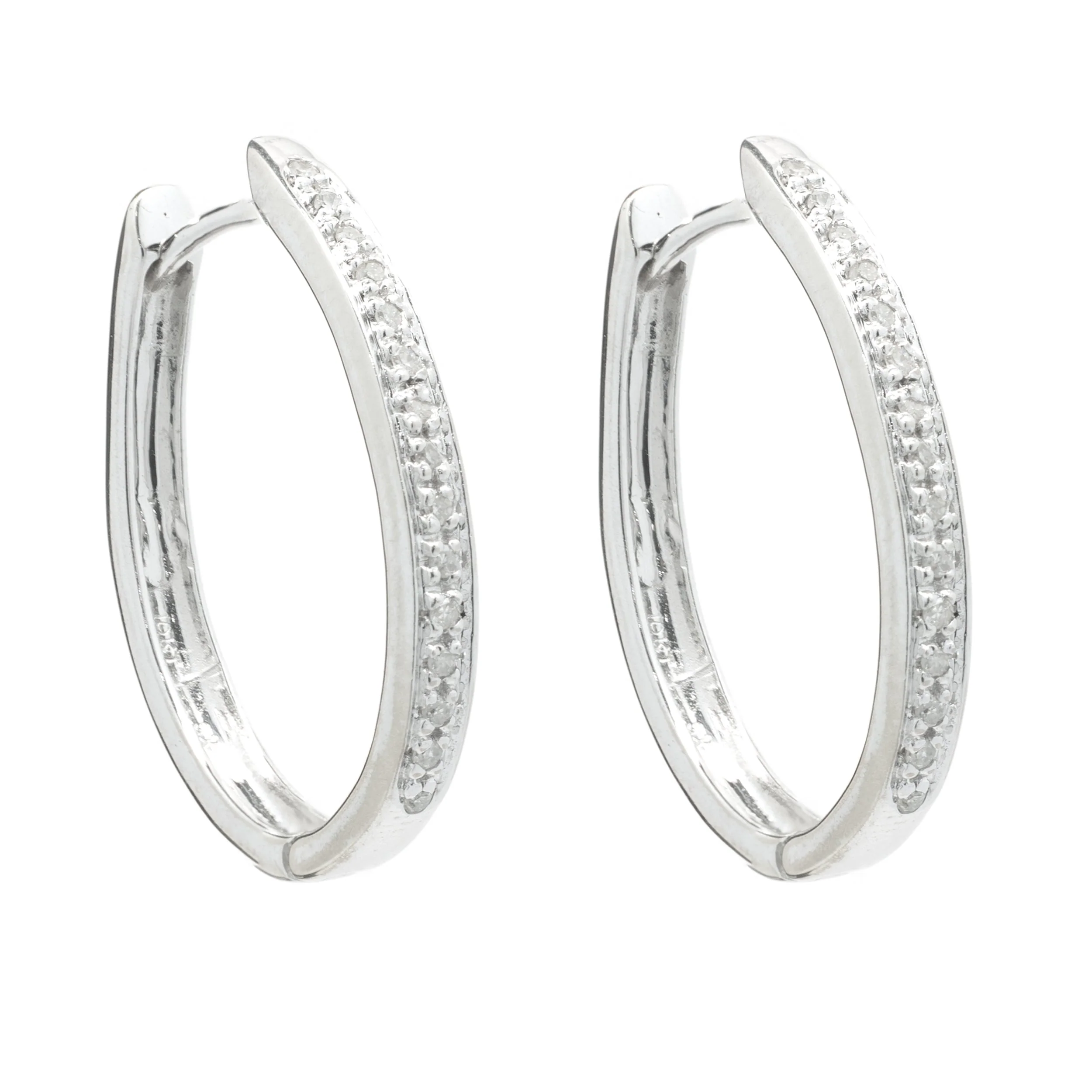 10 Karat White Gold Diamond Oval Hoop Earrings