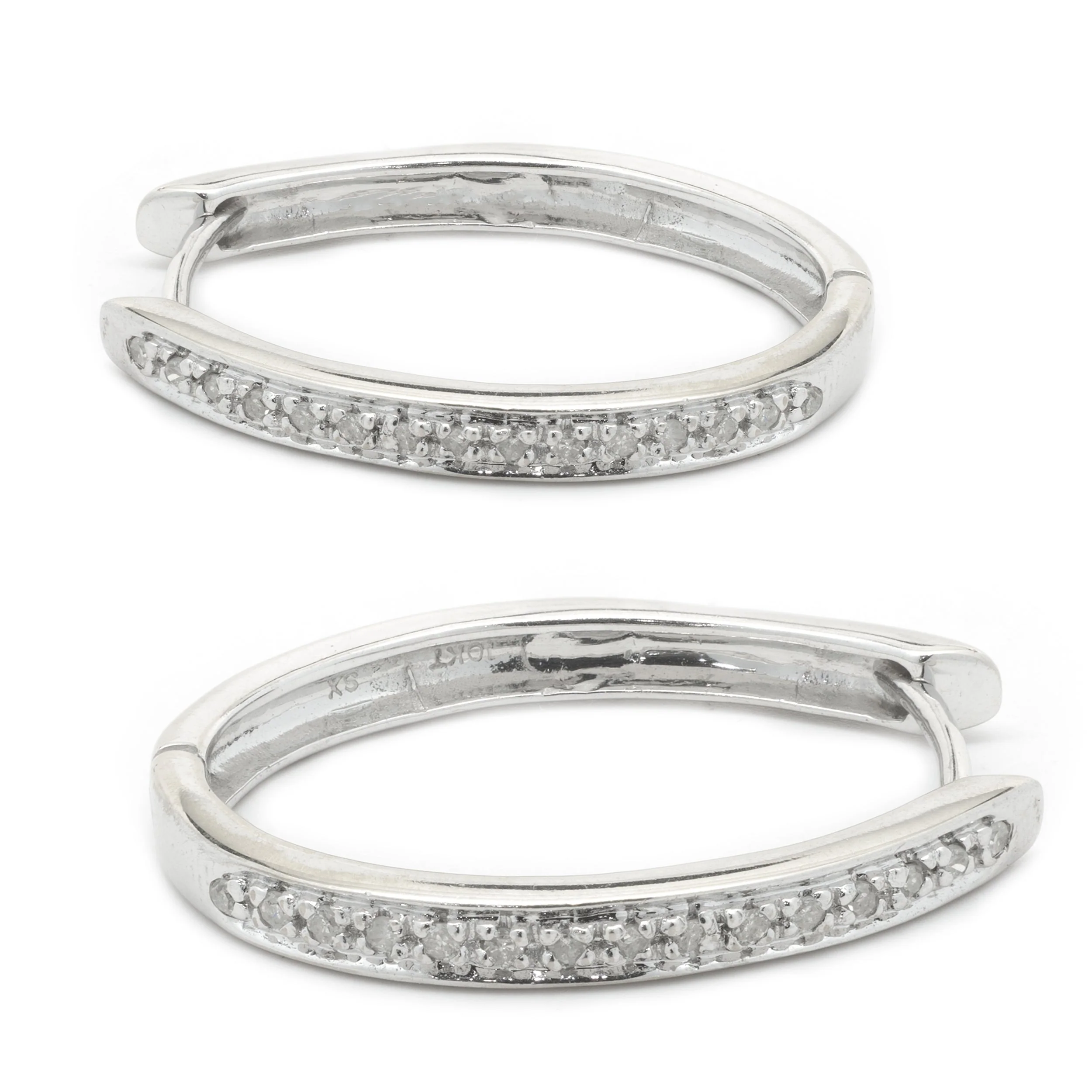 10 Karat White Gold Diamond Oval Hoop Earrings - Image 2