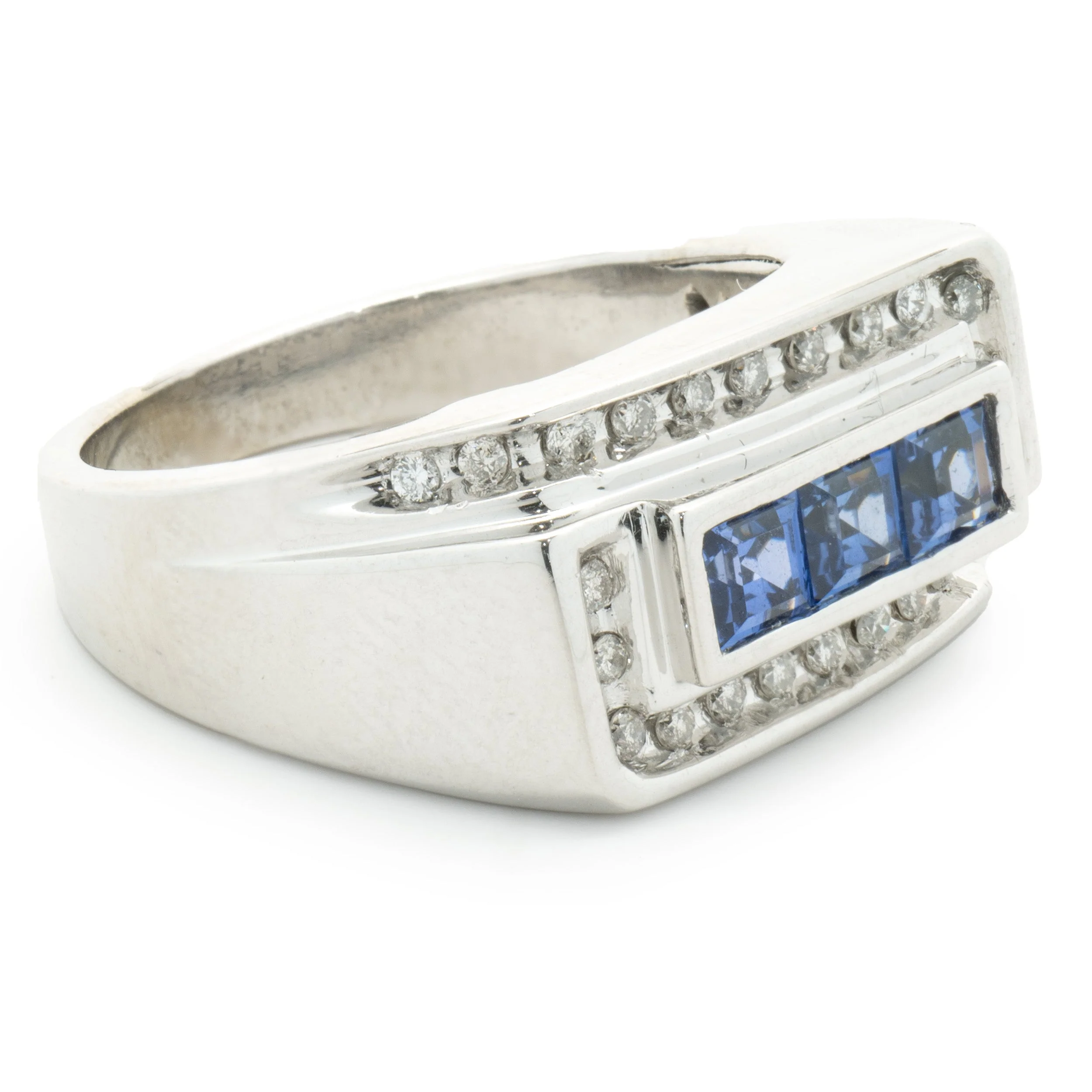 10 Karat White Gold Gents Sapphire and Diamond Signet Style Ring - Image 2