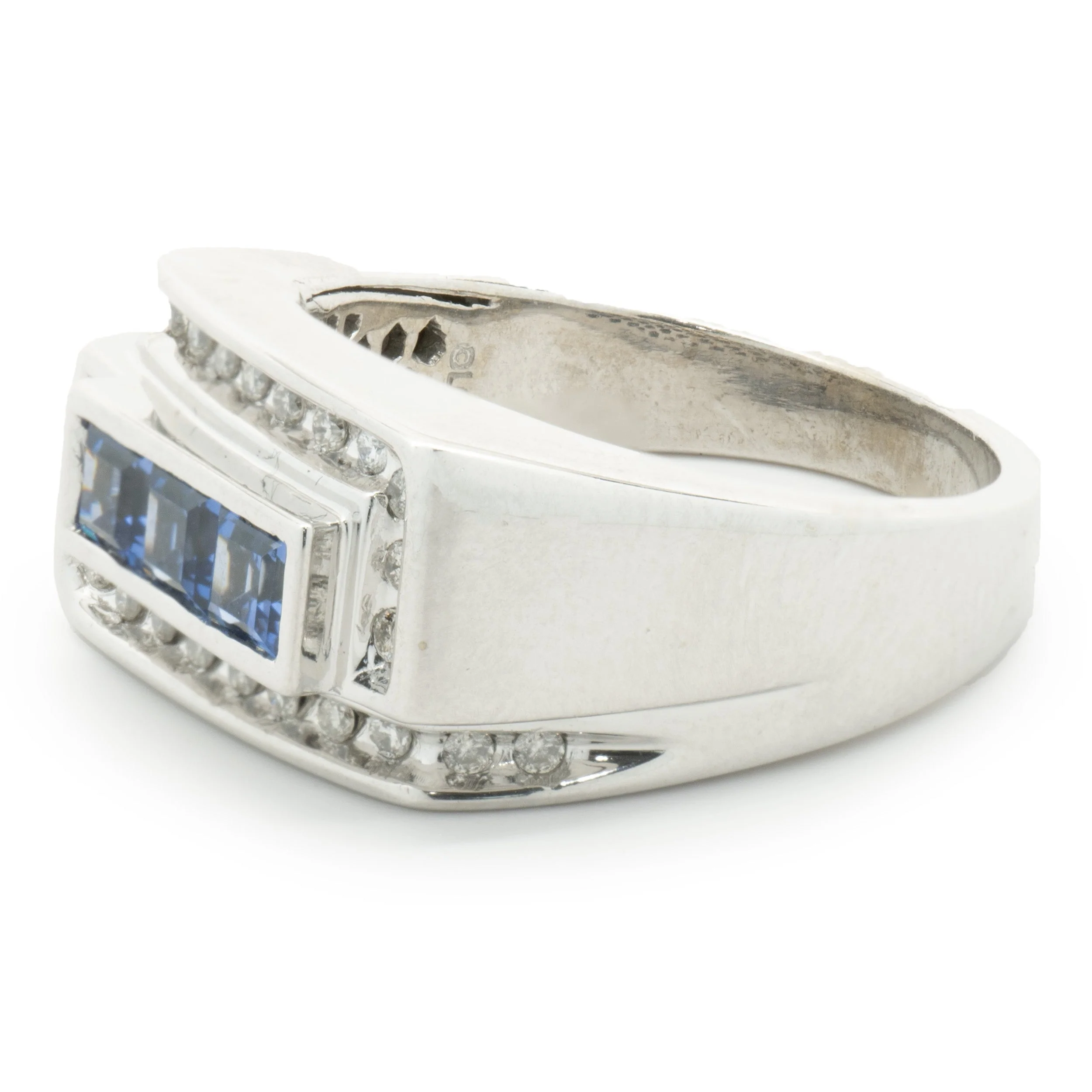 10 Karat White Gold Gents Sapphire and Diamond Signet Style Ring - Image 3
