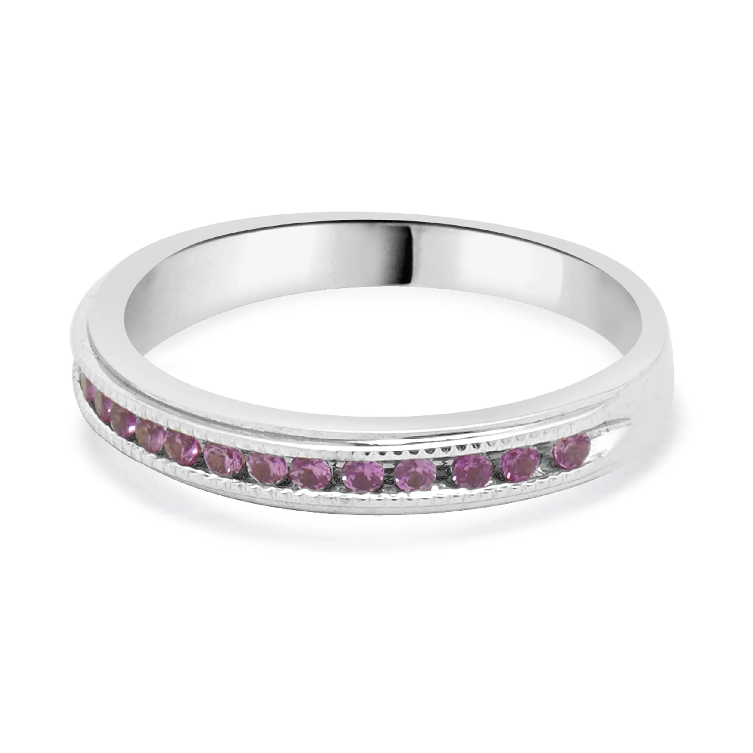10 Karat White Gold Pink Sapphire Milgrain Band - Image 2