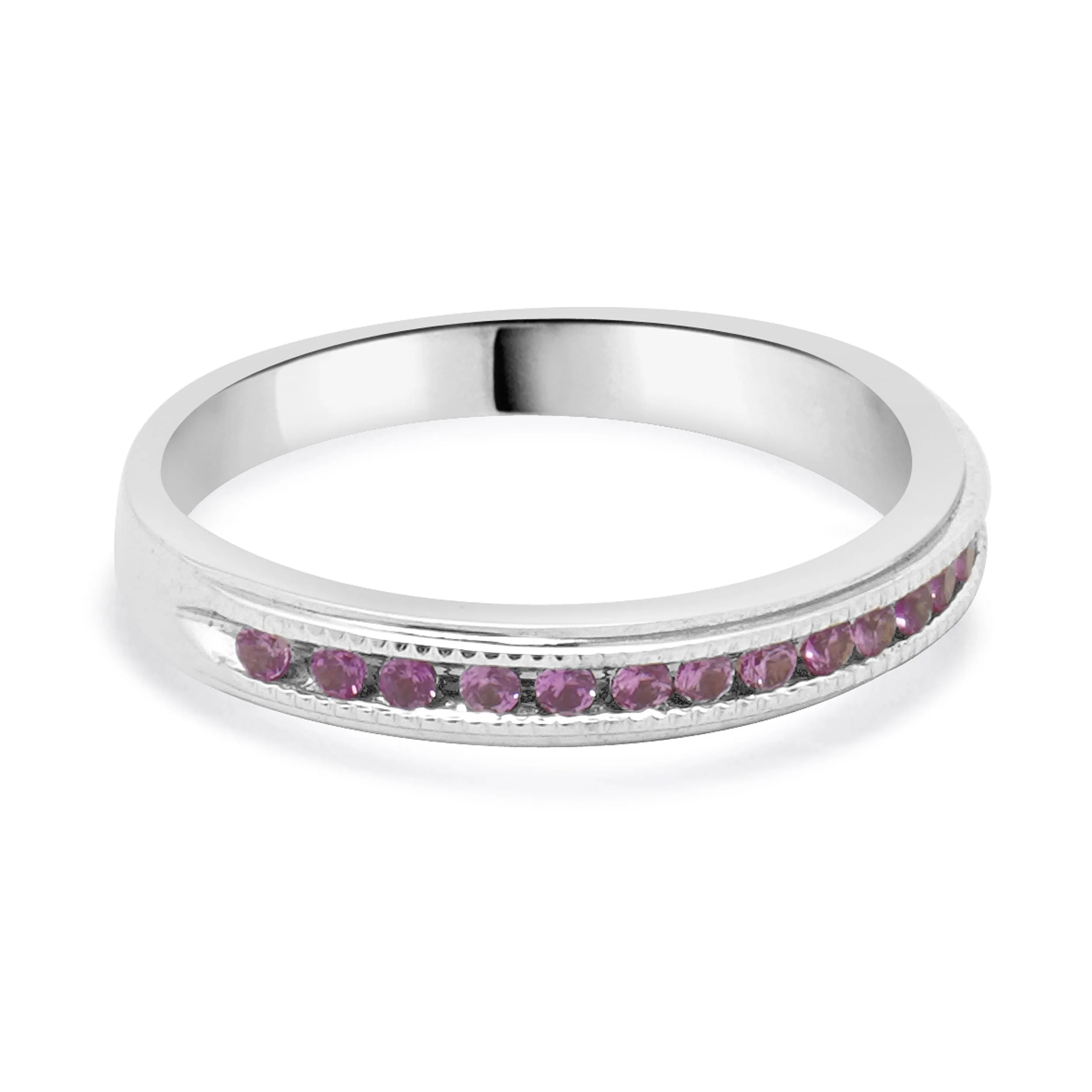 10 Karat White Gold Pink Sapphire Milgrain Band - Image 4
