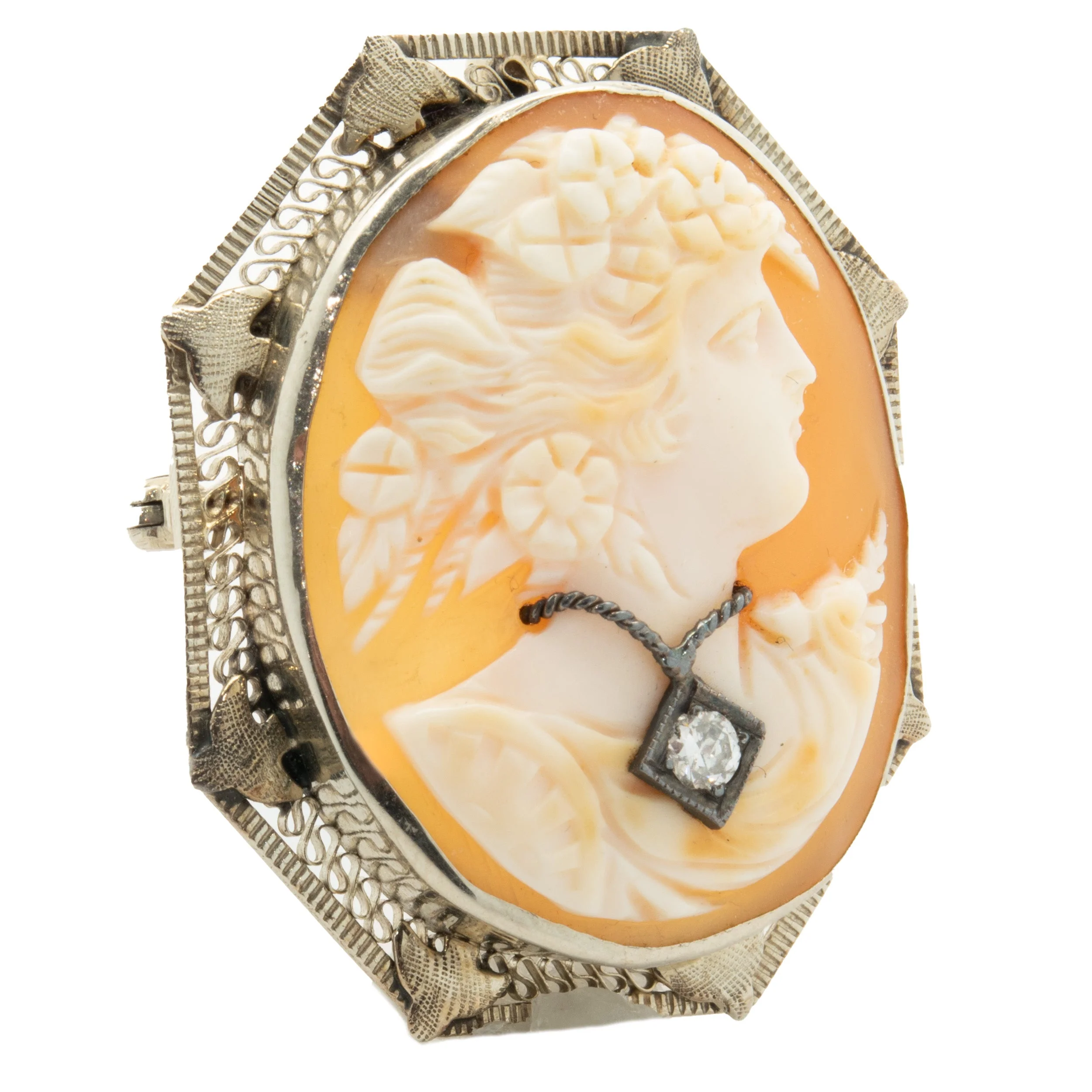 10 Karat Yellow Gold Diamond Cameo Pin - Image 3