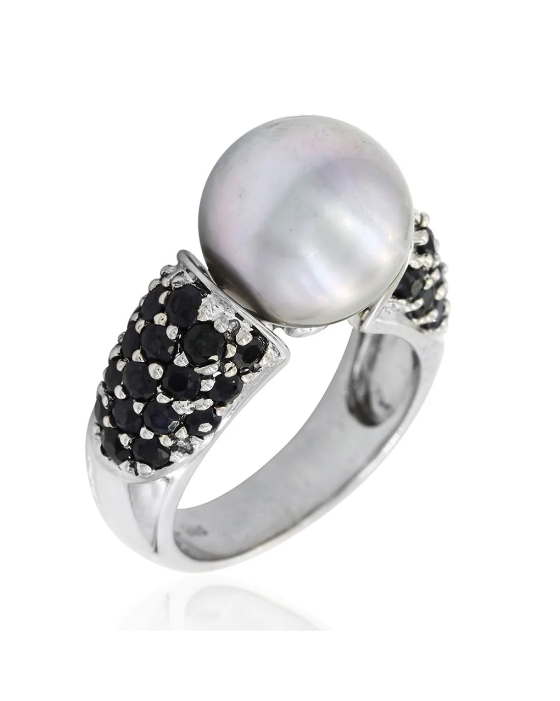 11.3mm Gray Pearl and 1.52ctw Pave Black Diamond Ring in 14K White Gold