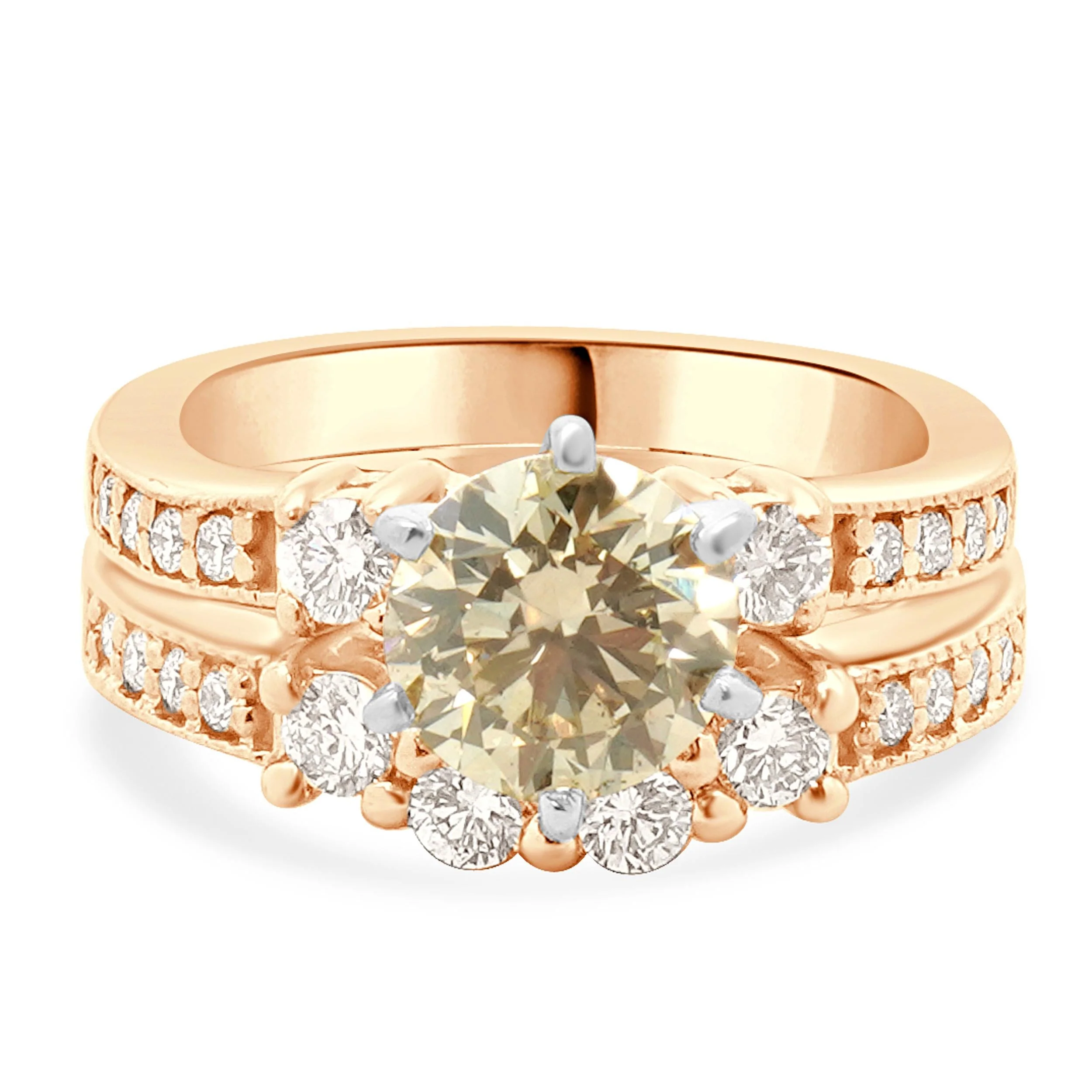 14 K Rose Gold Champagne Round Brilliant Cut Diamond Engagement Ring