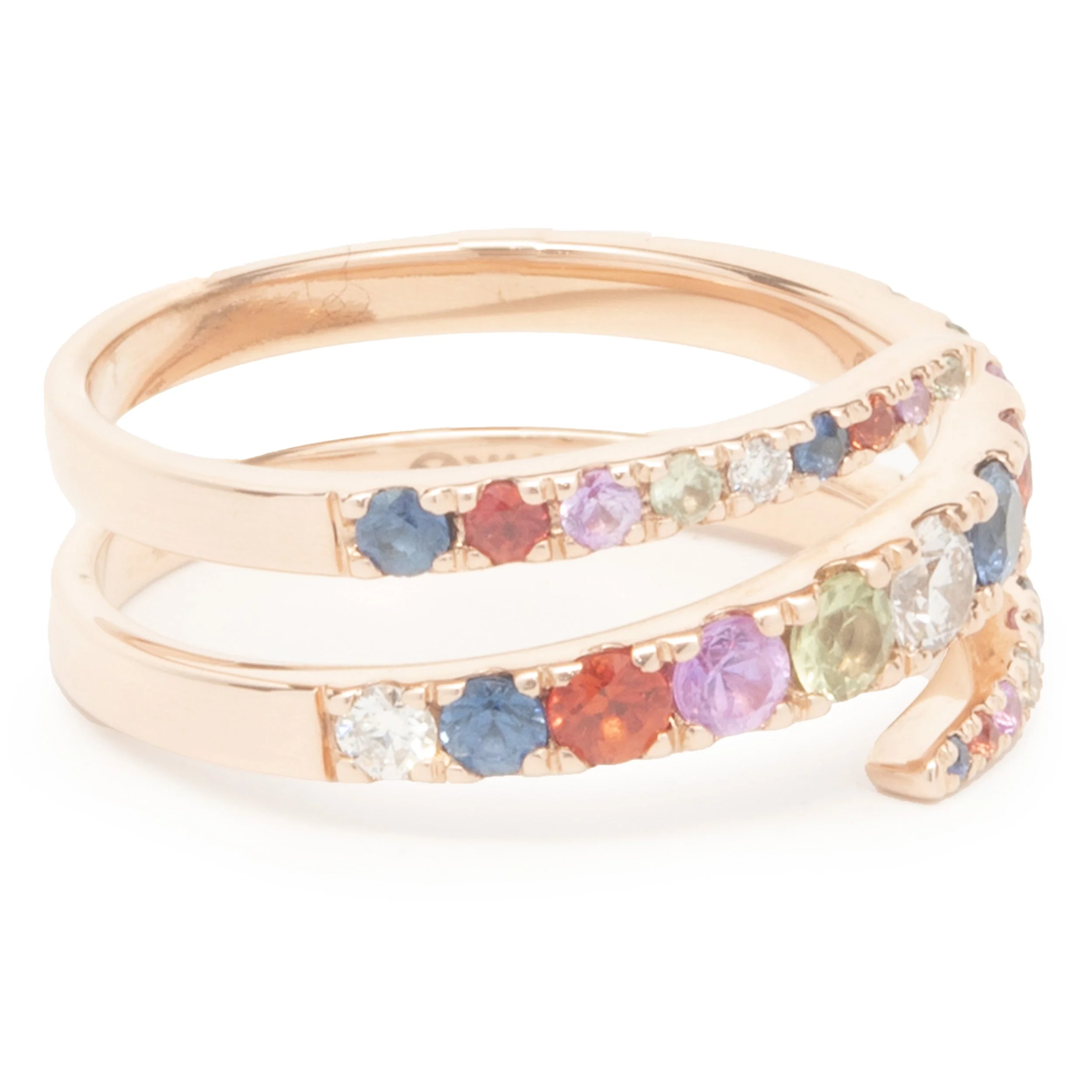 14 Karat Rose Gold Rainbow Sapphire and Diamond Bypass Ring - Image 2