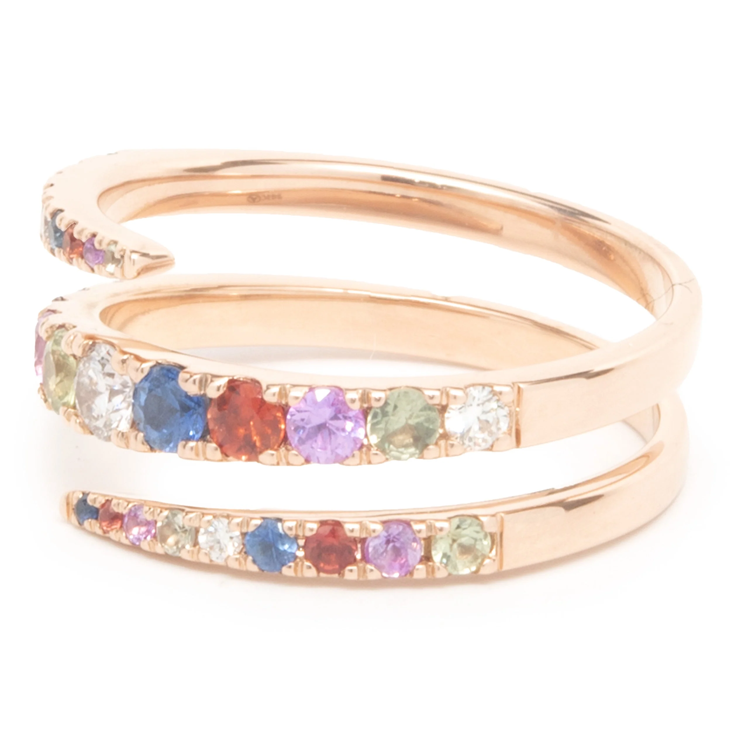 14 Karat Rose Gold Rainbow Sapphire and Diamond Bypass Ring - Image 3