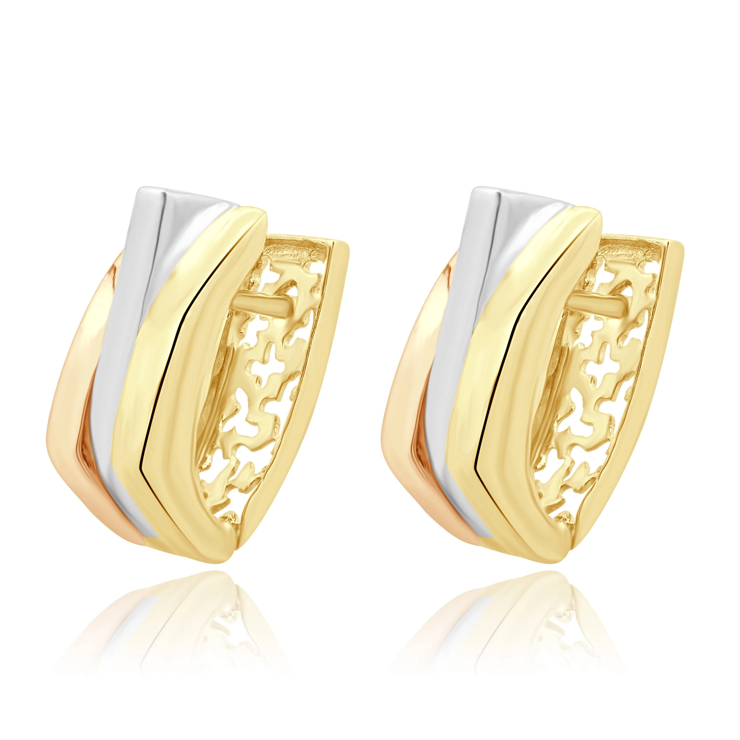 14 Karat Tri-Tone Yellow, White, and Rose Gold Modernist Hoop Earrings - Image 2