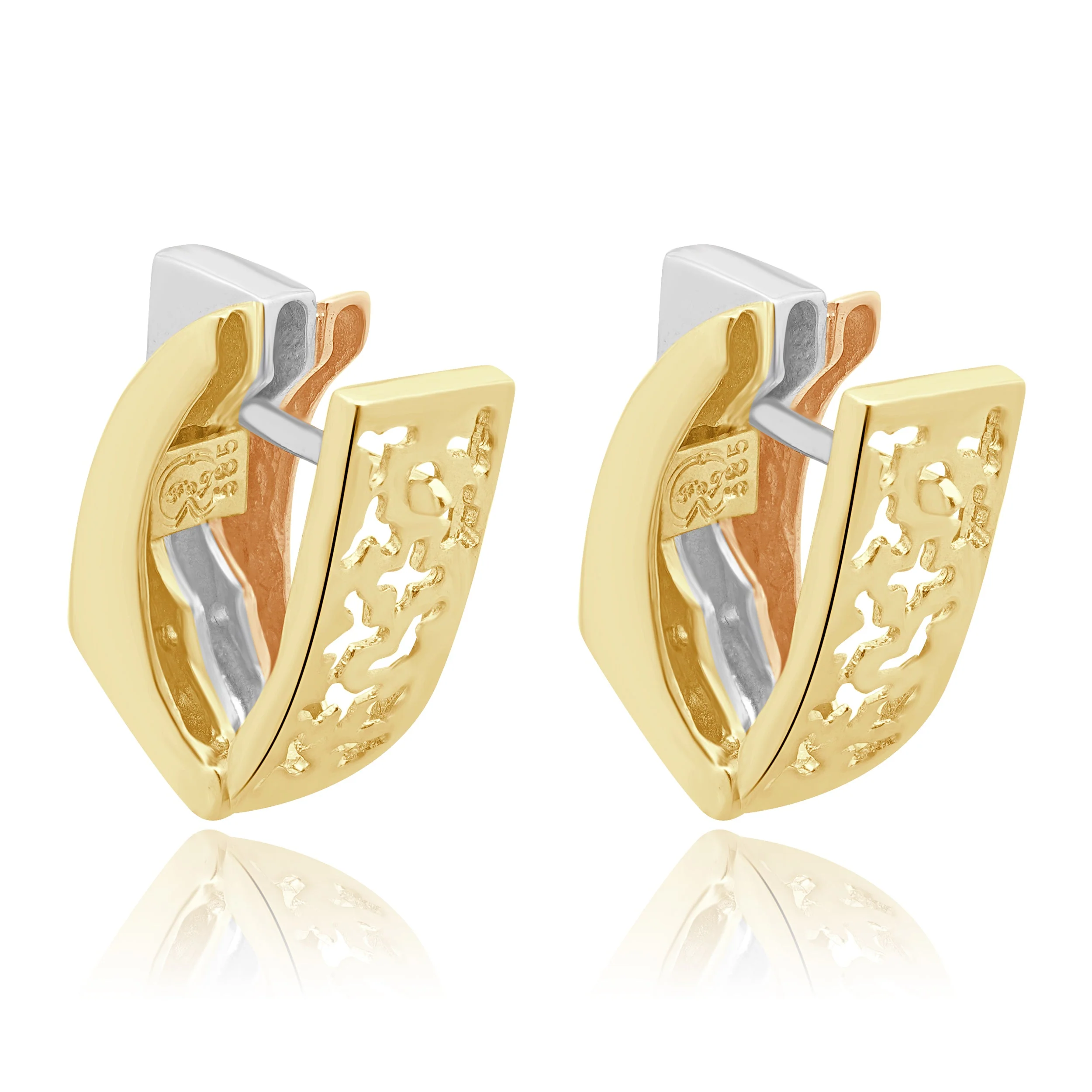 14 Karat Tri-Tone Yellow, White, and Rose Gold Modernist Hoop Earrings - Image 3