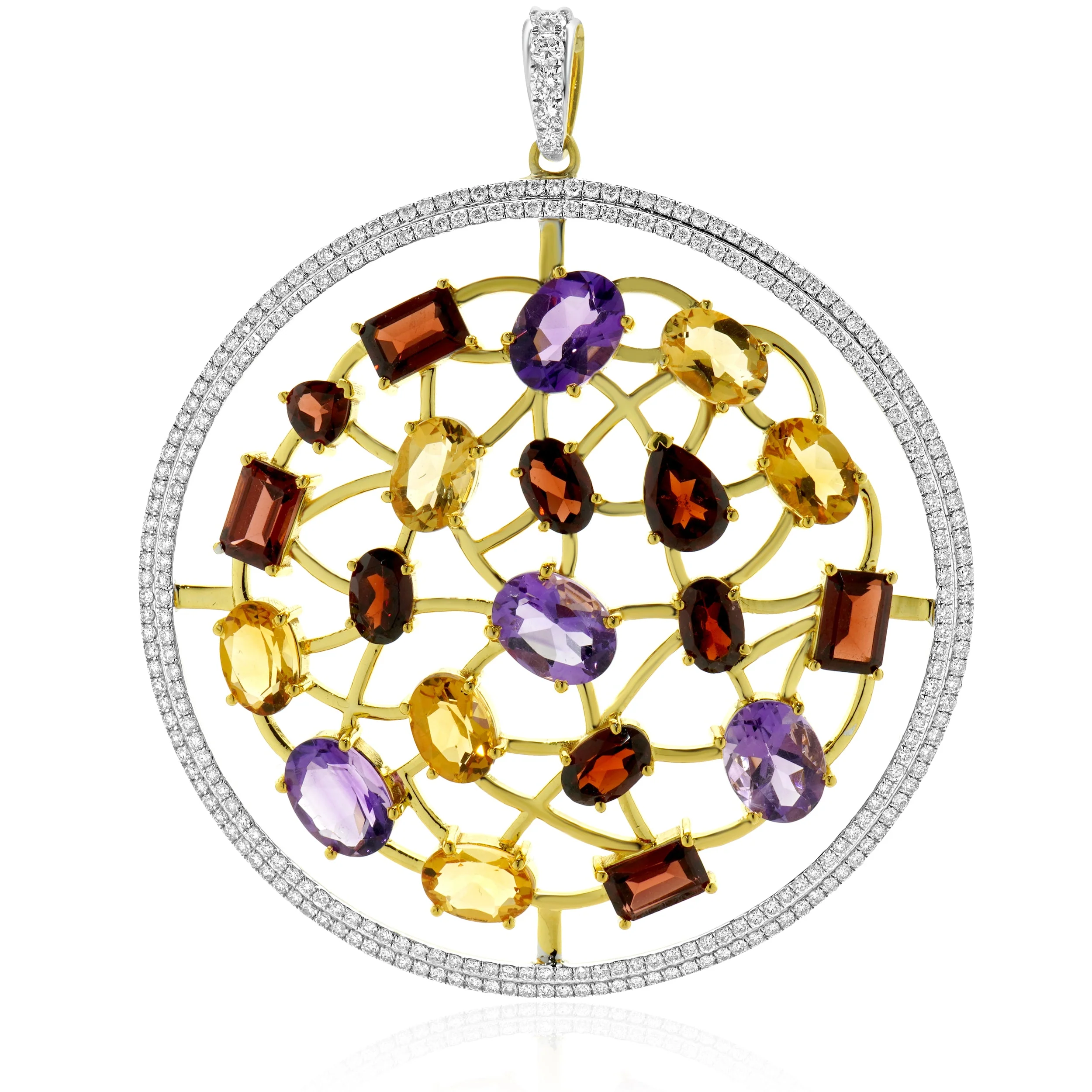 14 Karat Two Tone Multi-Gemstone and Diamond Circle Pendant Necklace - Image 2