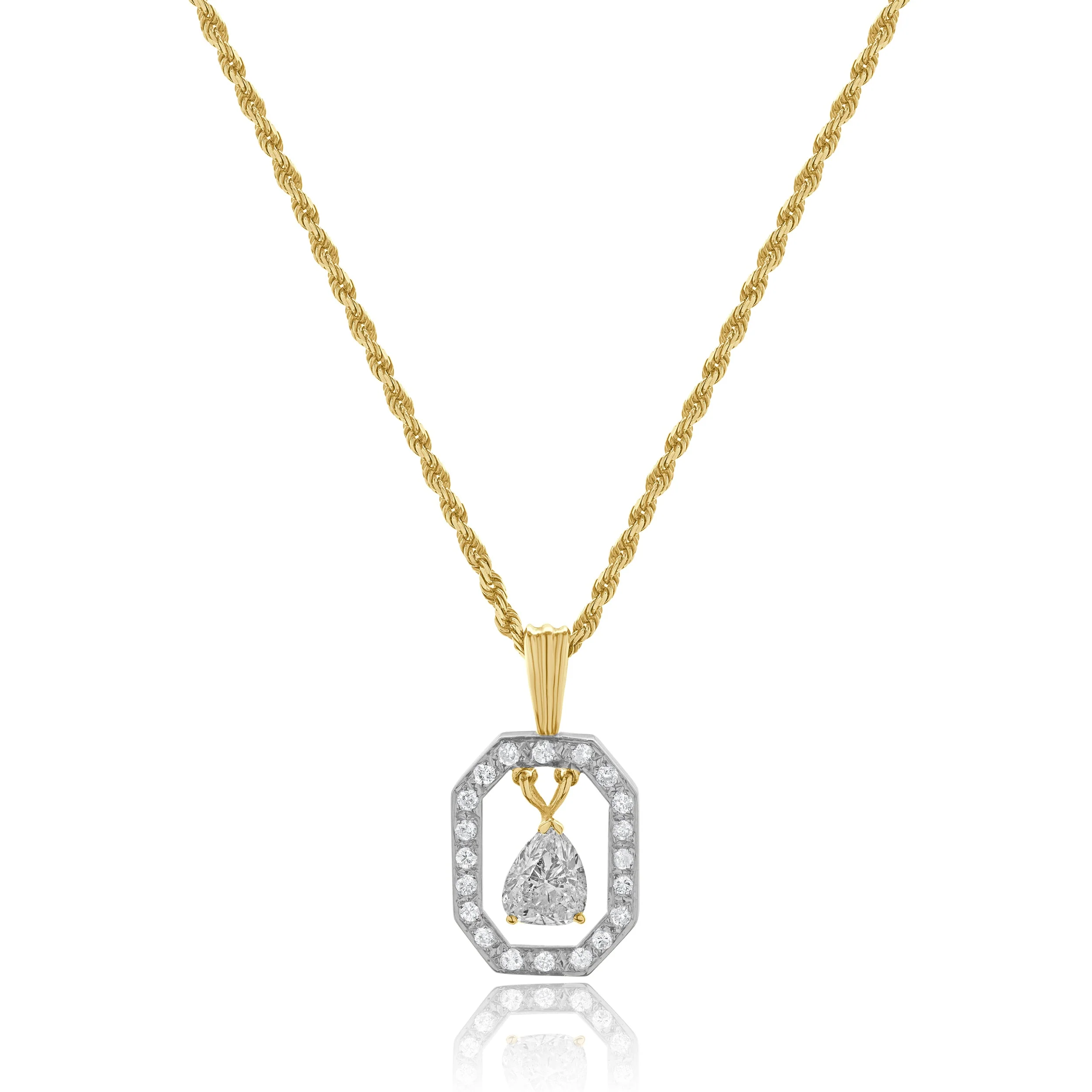 14 Karat Two-tone Pear Shaped Diamond Necklace w/ Rope Chain