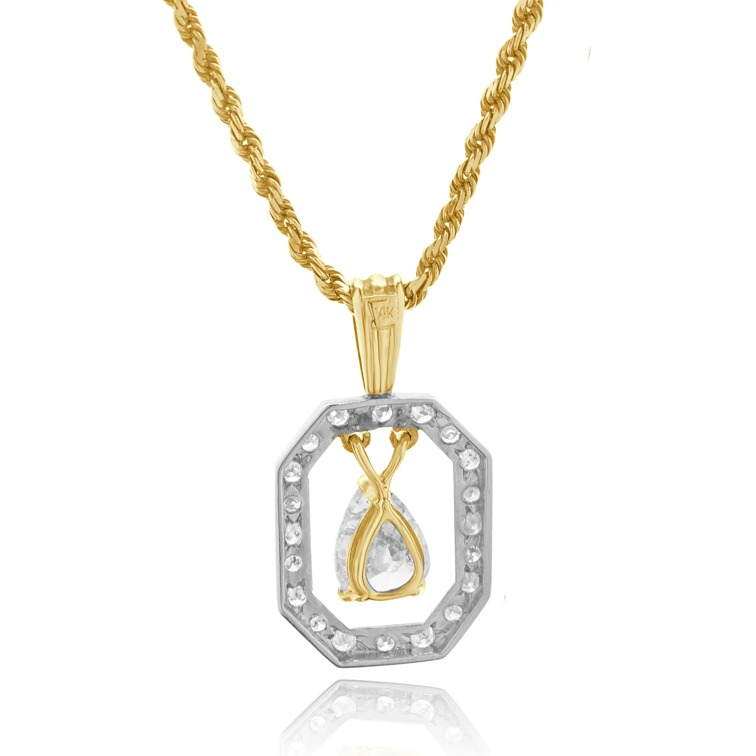 14 Karat Two-tone Pear Shaped Diamond Necklace w/ Rope Chain - Image 4