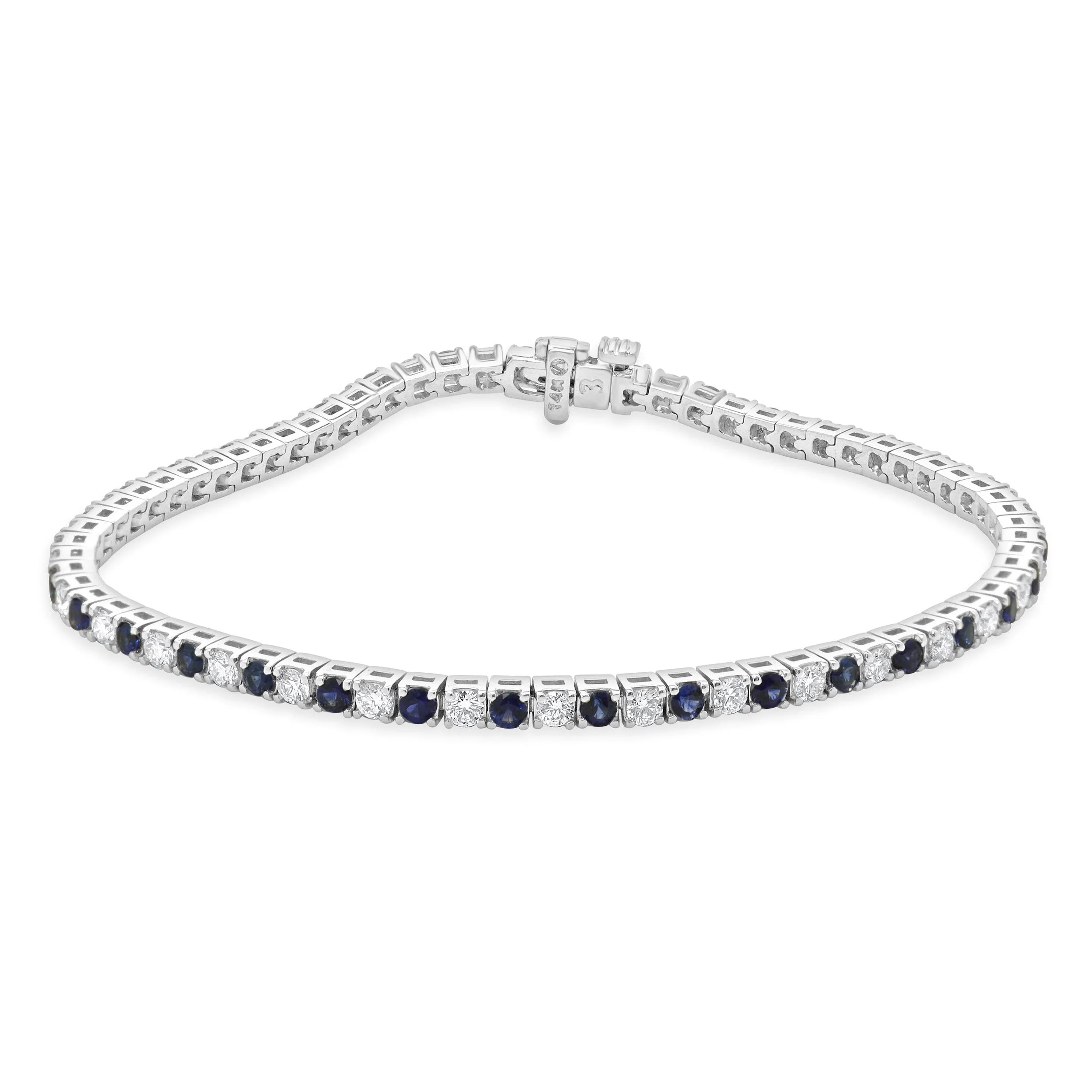 14 Karat White Gold Alternating Sapphire and Diamond Inline Bracelet