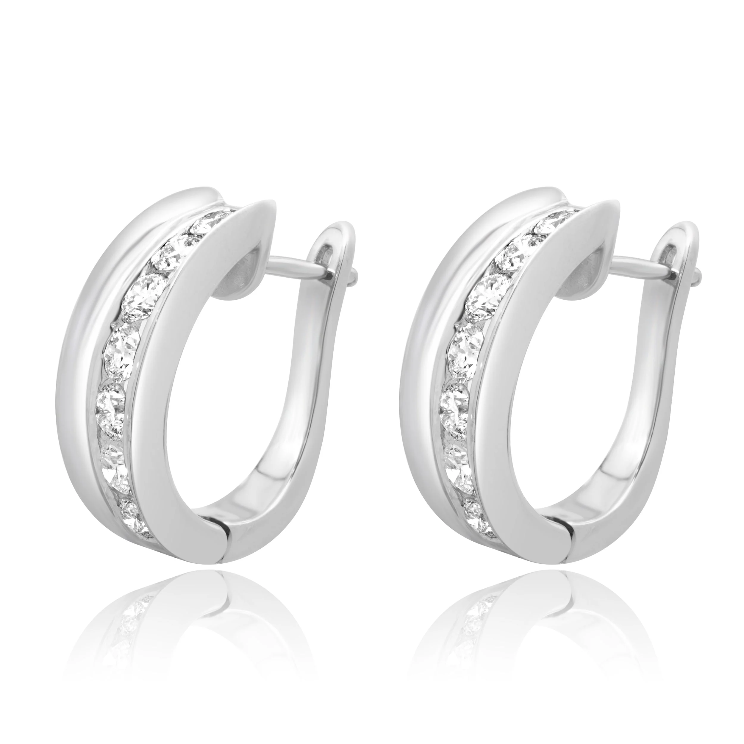 14 Karat White Gold and Channel Set Round Diamond Half Hoop Earrings - Image 2