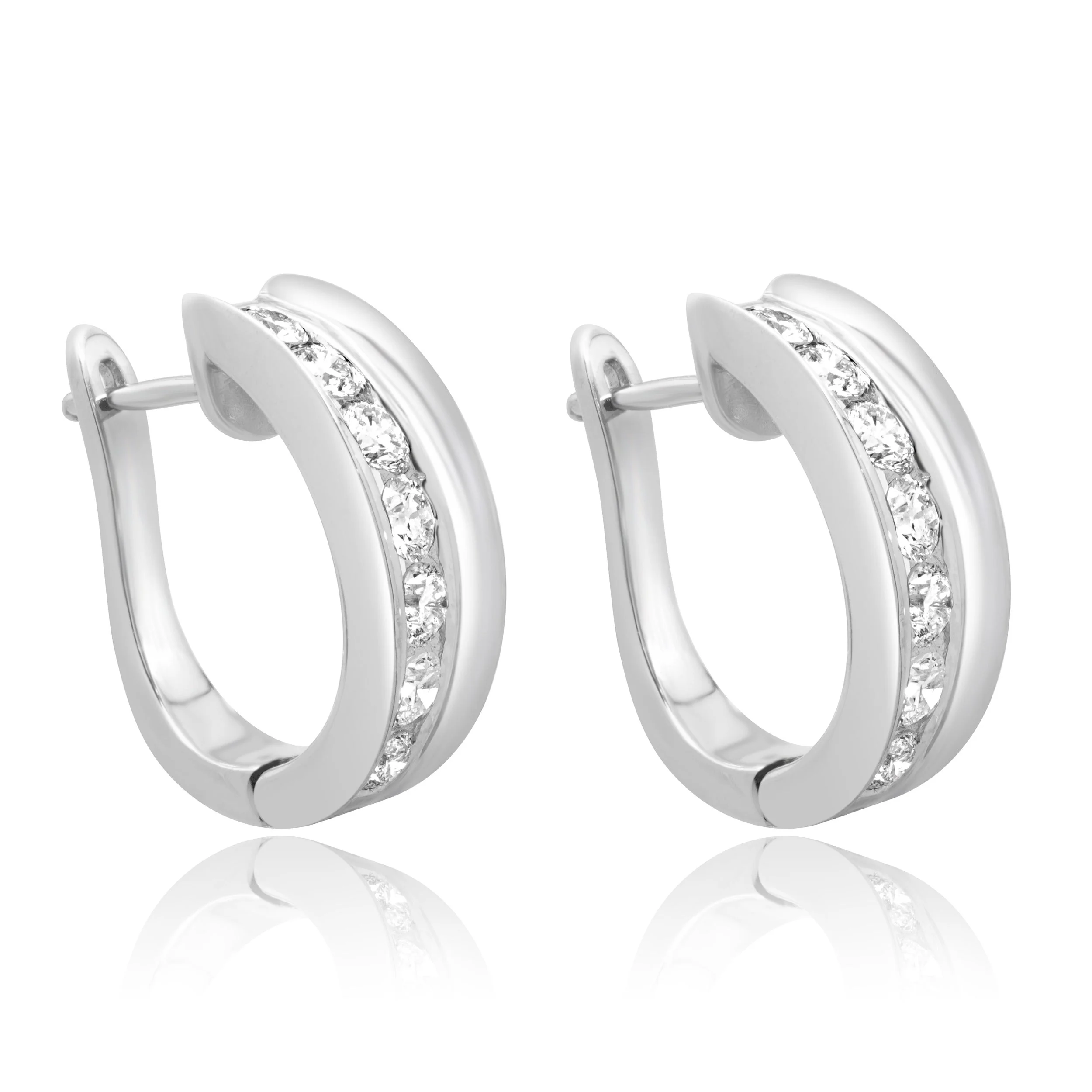14 Karat White Gold and Channel Set Round Diamond Half Hoop Earrings - Image 3