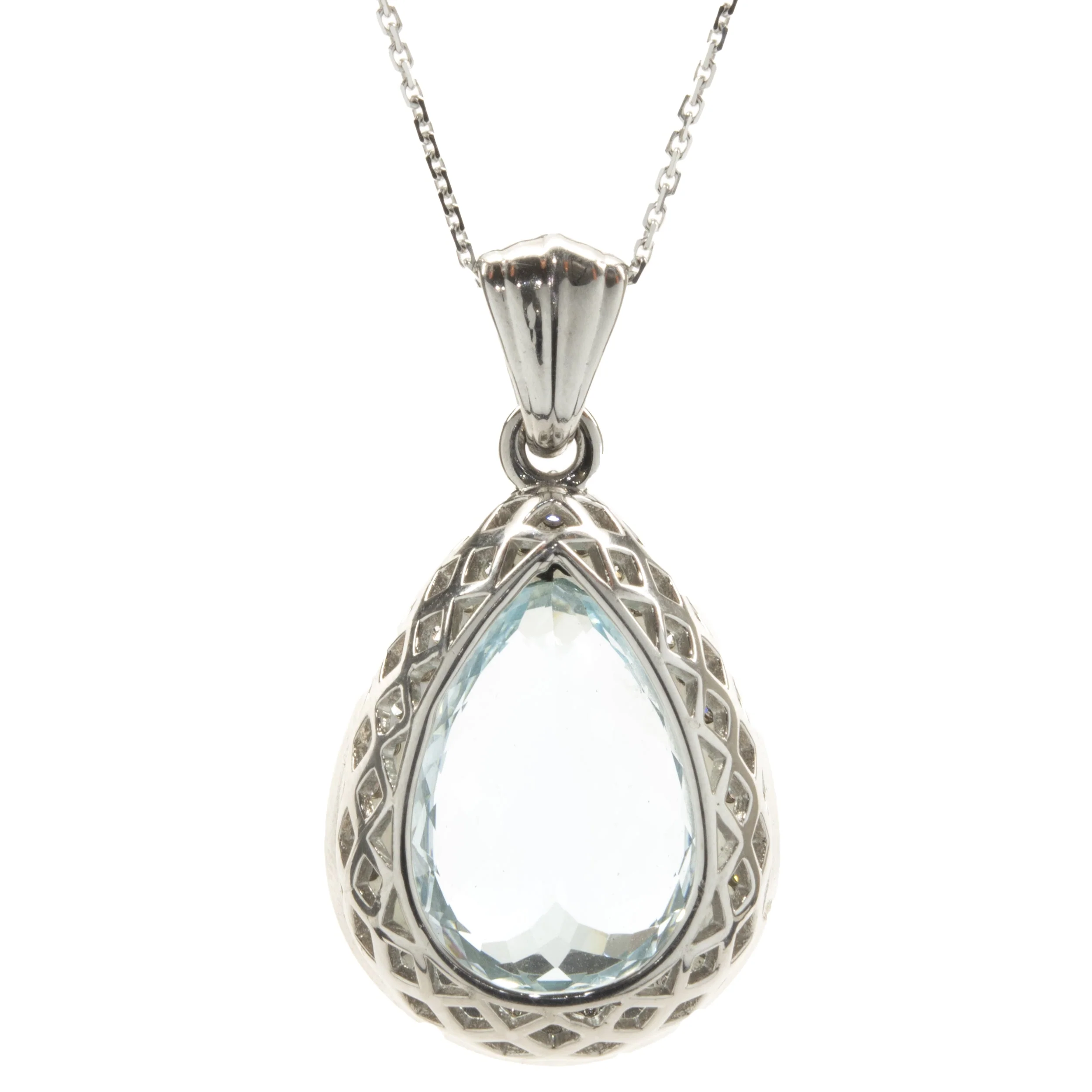14 Karat White Gold Aquamarine and Diamond Pear Necklace - Image 2