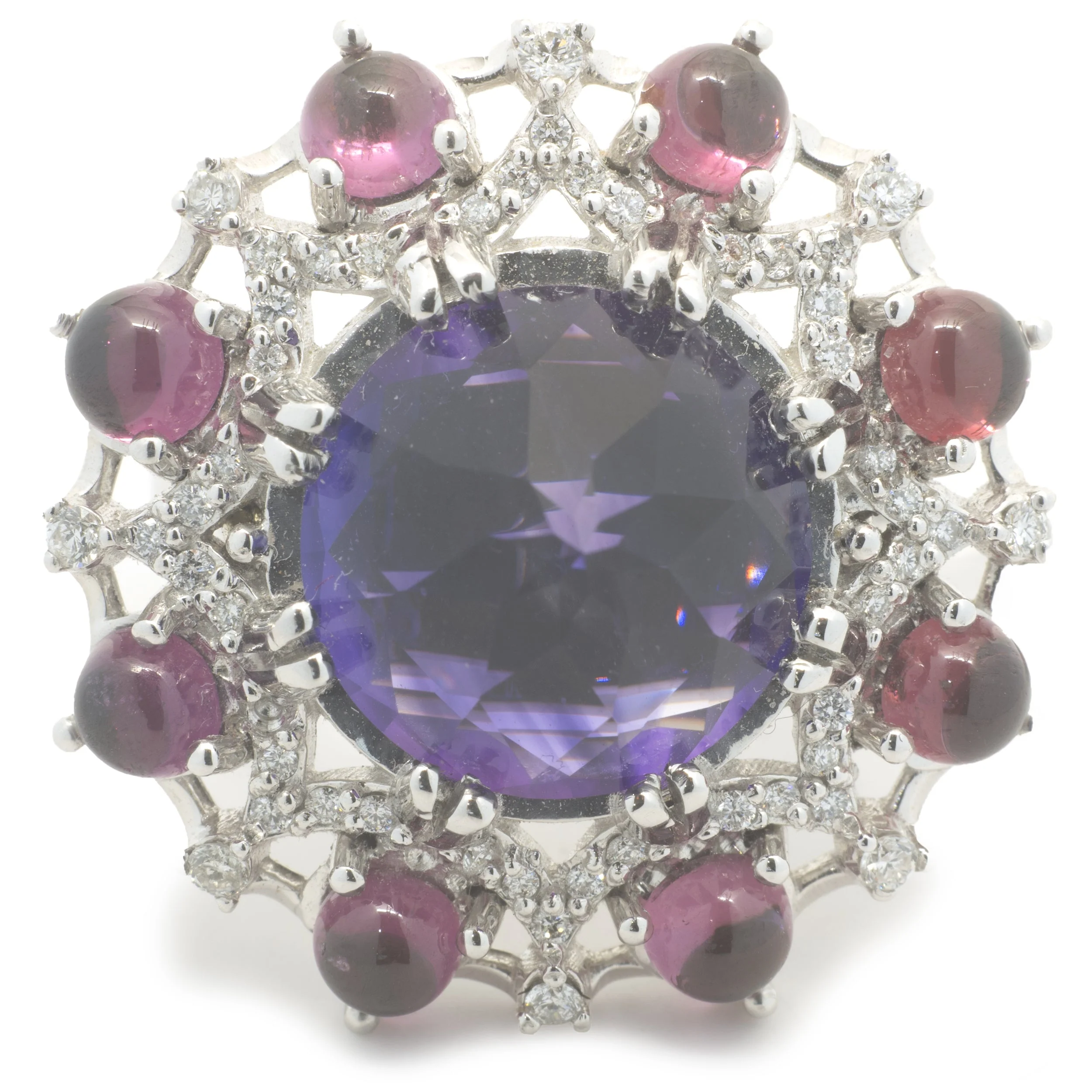 14 Karat White Gold Arizona Amethyst, Pink Tourmaline and Diamond Cocktail Ring