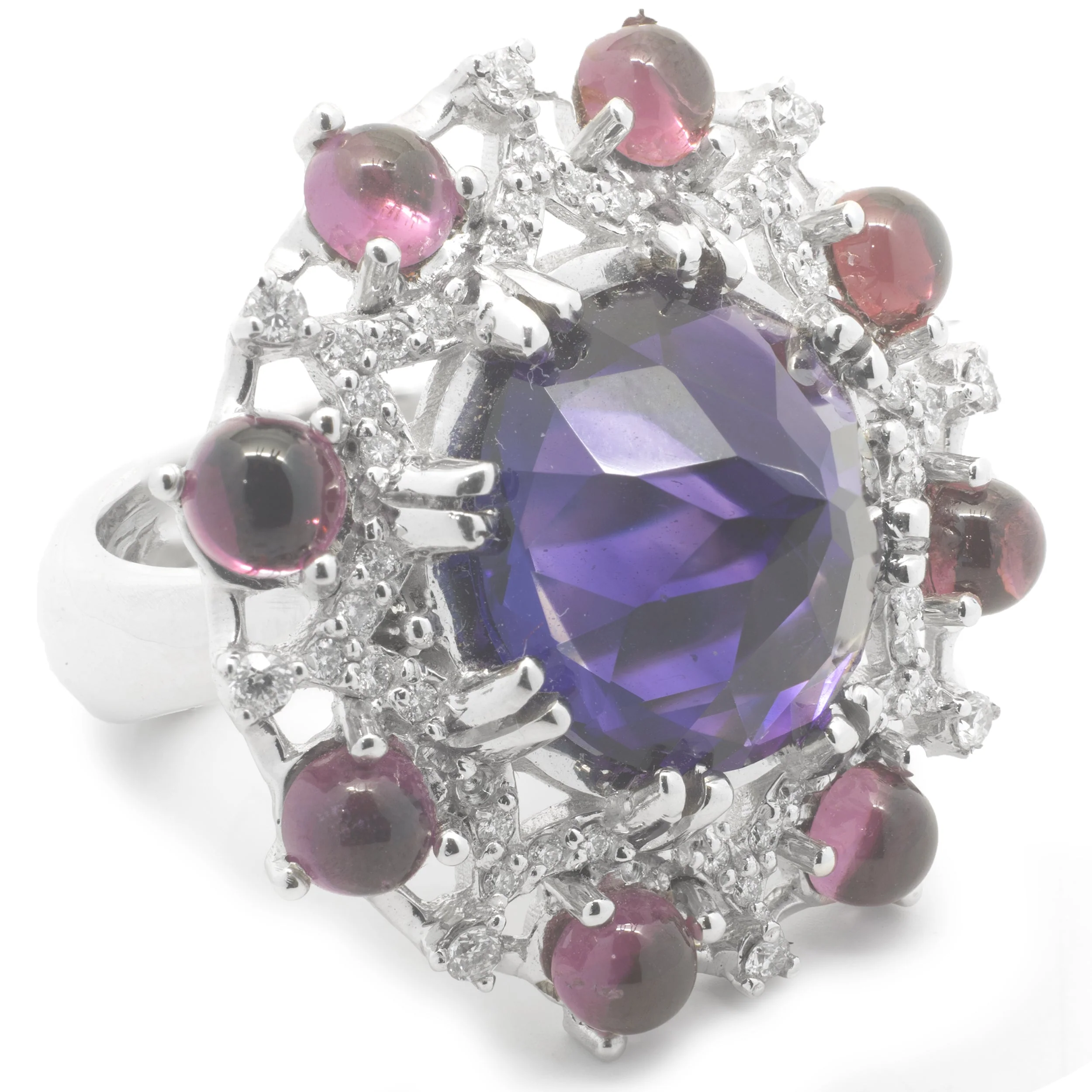 14 Karat White Gold Arizona Amethyst, Pink Tourmaline and Diamond Cocktail Ring - Image 2