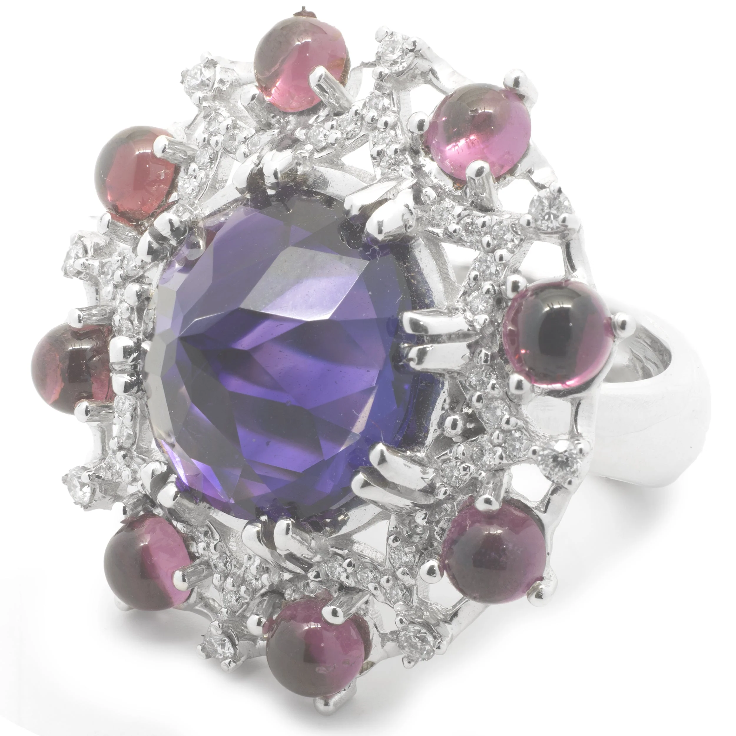 14 Karat White Gold Arizona Amethyst, Pink Tourmaline and Diamond Cocktail Ring - Image 3