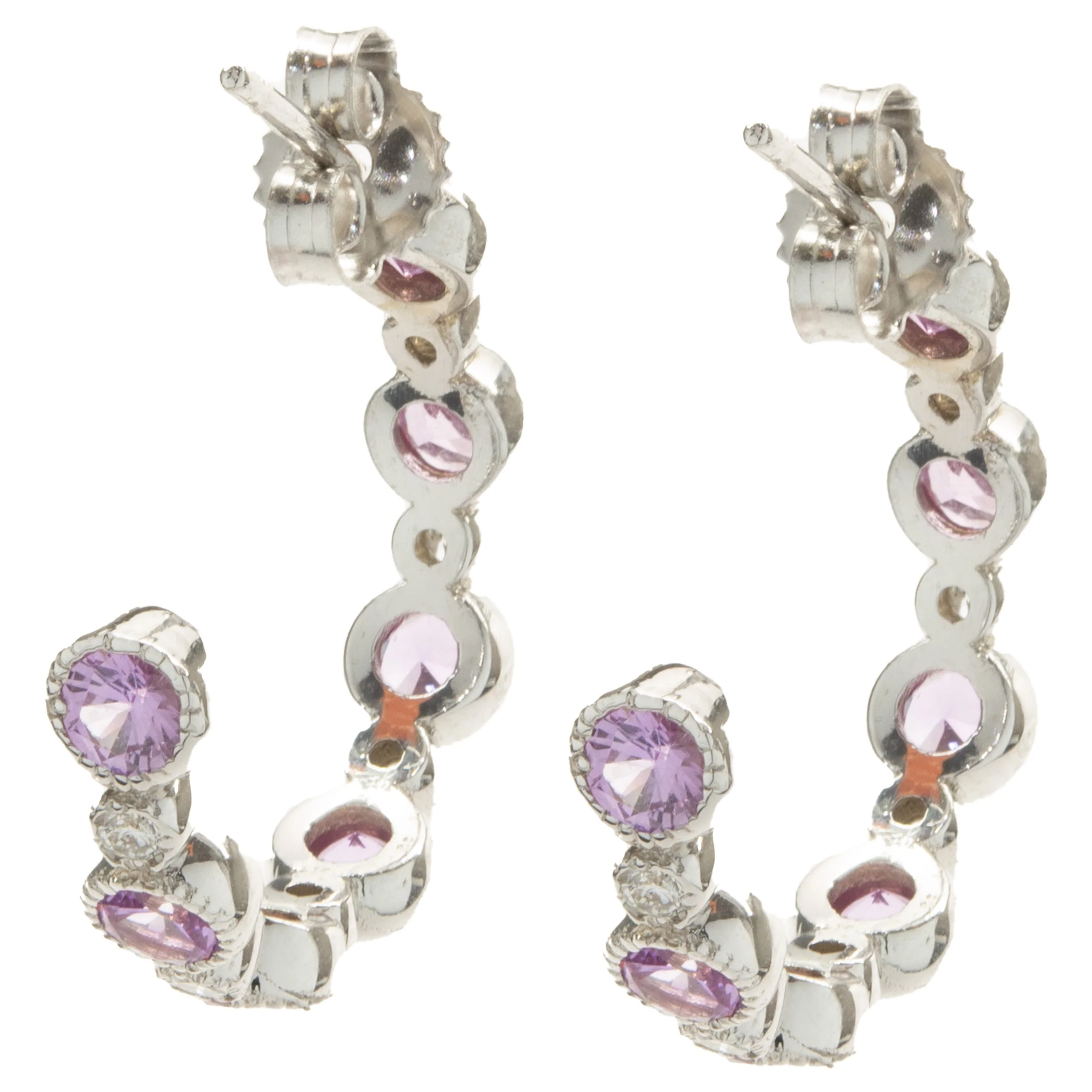 14 Karat White Gold Bezel Set Pink Sapphire and Diamond Huggie Hoop Earrings - Image 2