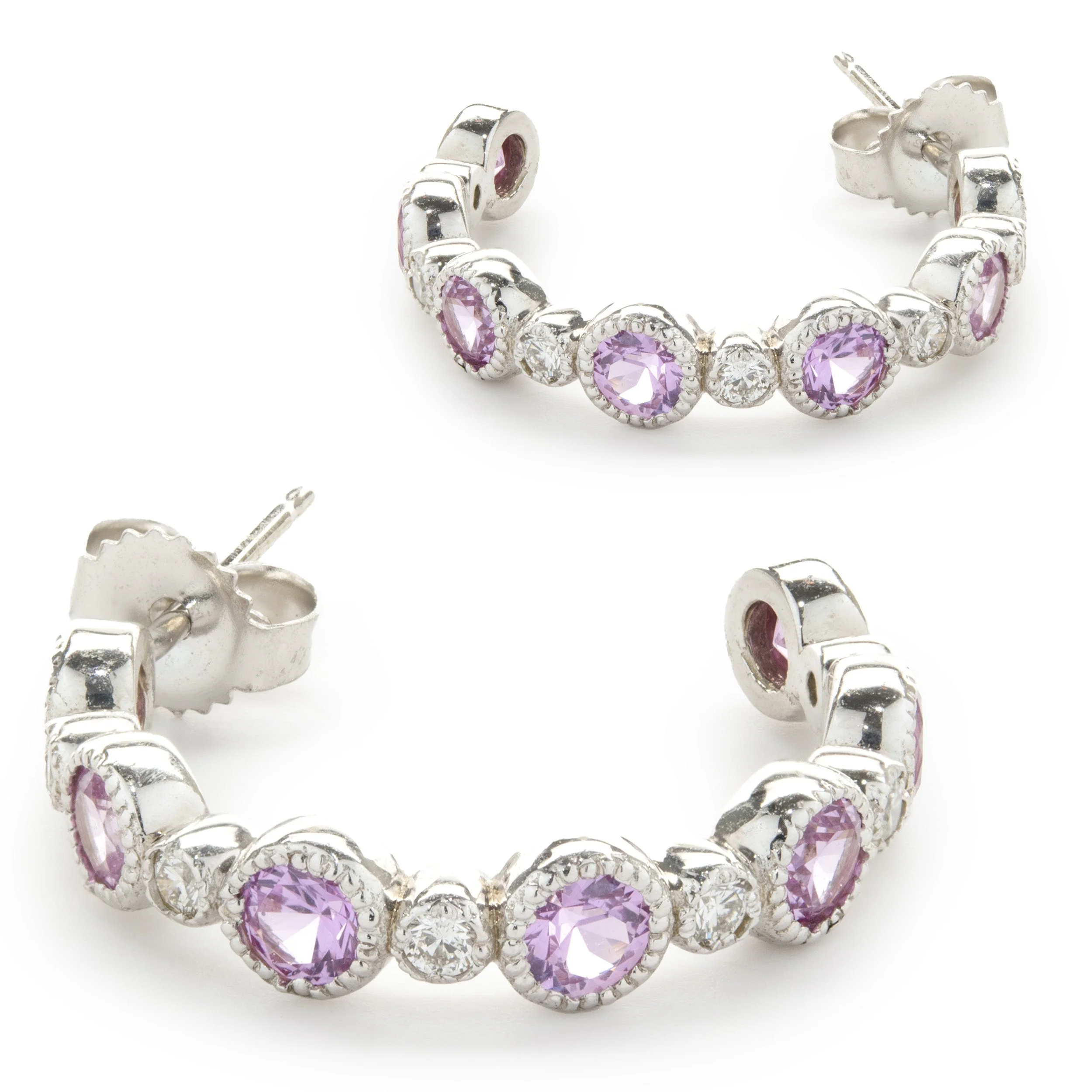 14 Karat White Gold Bezel Set Pink Sapphire and Diamond Huggie Hoop Earrings - Image 3