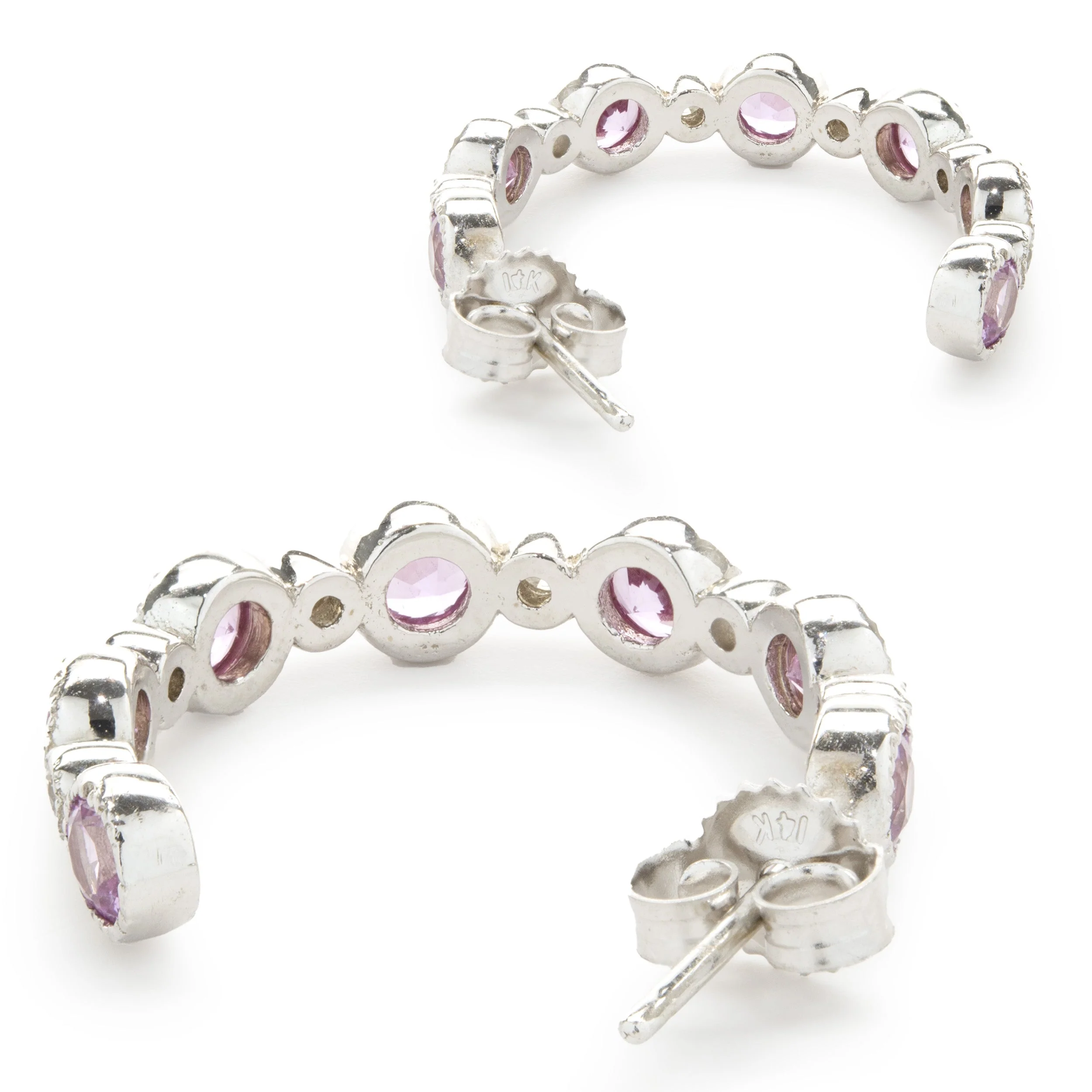 14 Karat White Gold Bezel Set Pink Sapphire and Diamond Huggie Hoop Earrings - Image 4