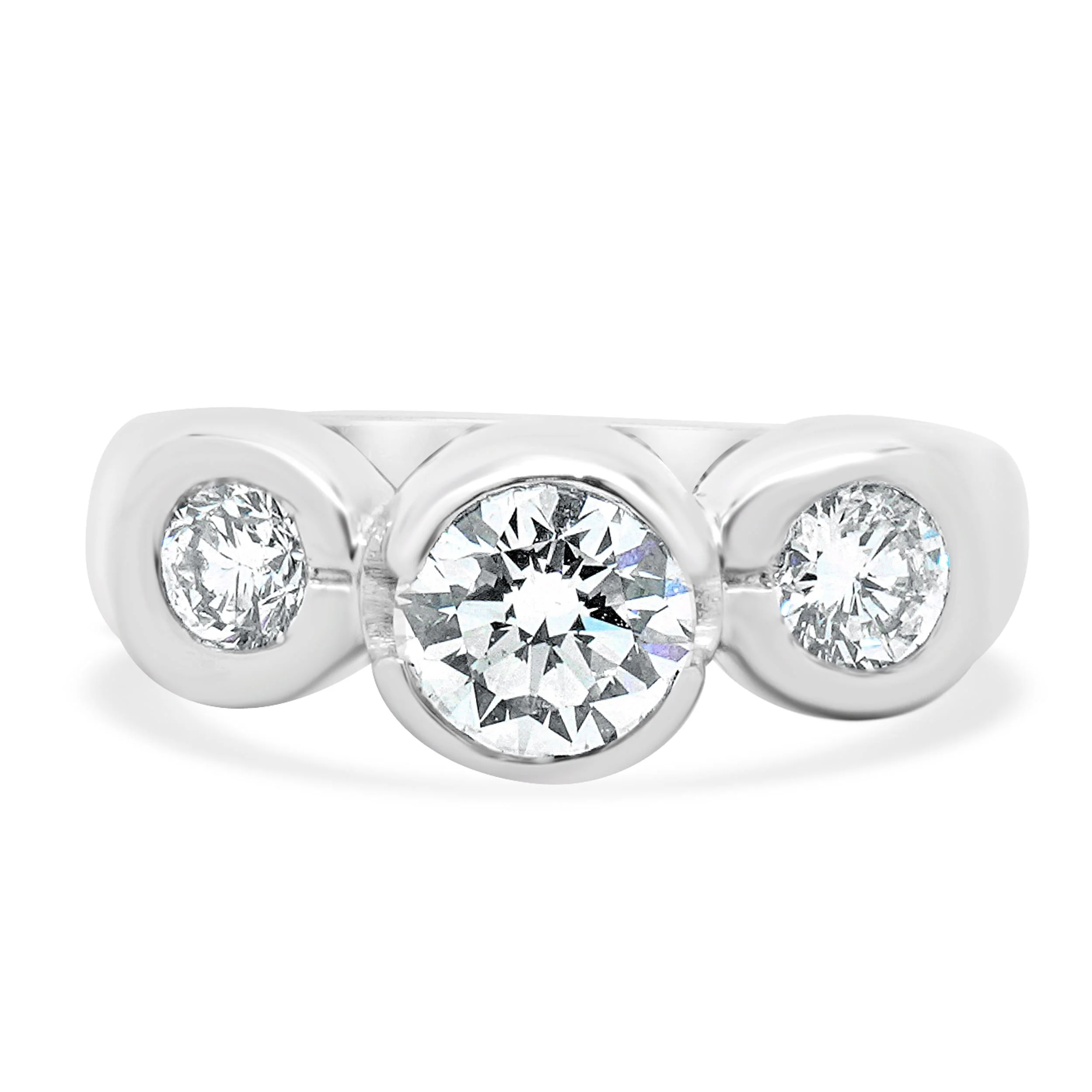 14 Karat White Gold Bezel Set Round Brilliant Cut Three Diamond Engagement Ring