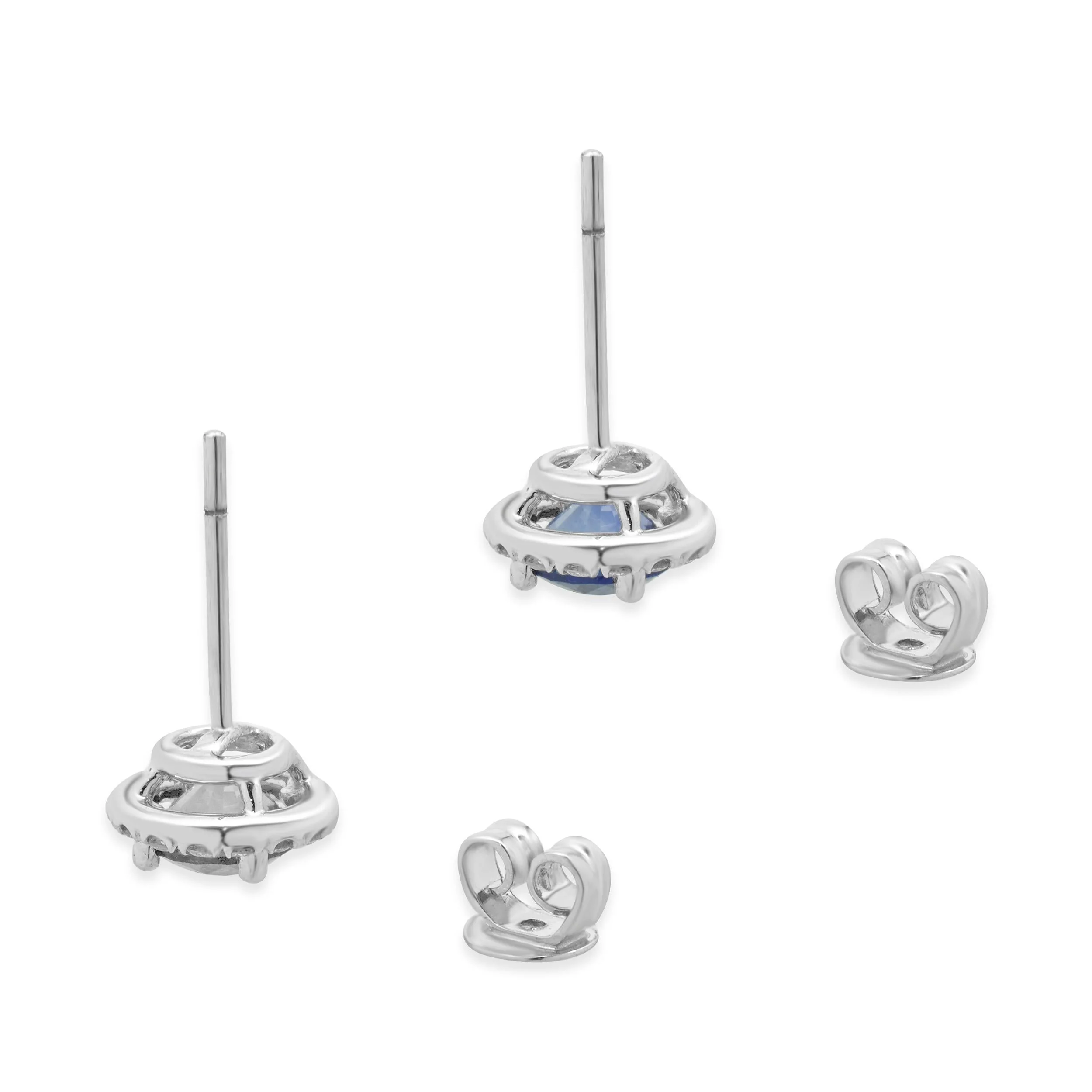14 Karat White Gold Blue Sapphire and Diamond Halo Stud Earrings - Image 4
