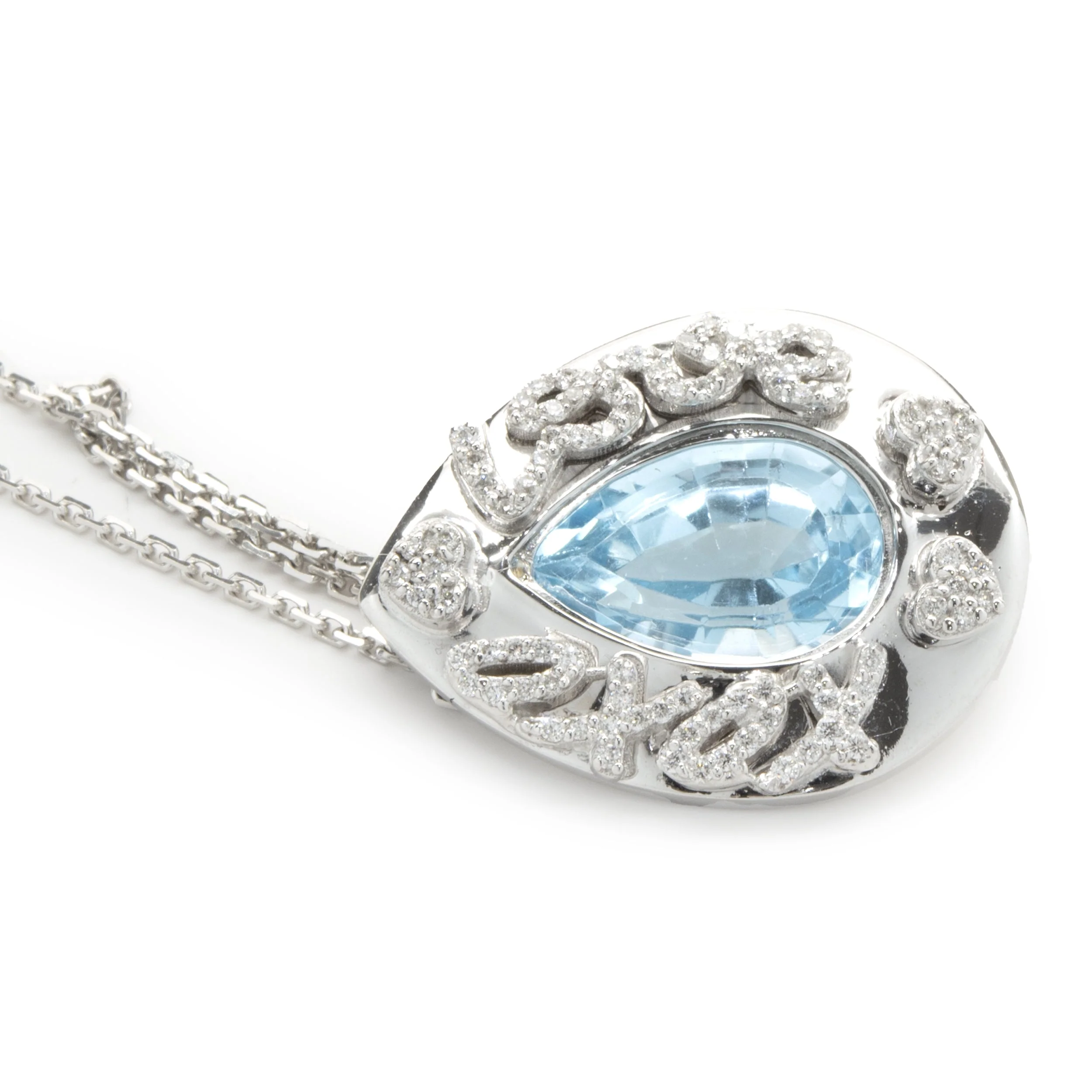 14 Karat White Gold Blue Topaz and Diamond XOXO LOVE Necklace - Image 3