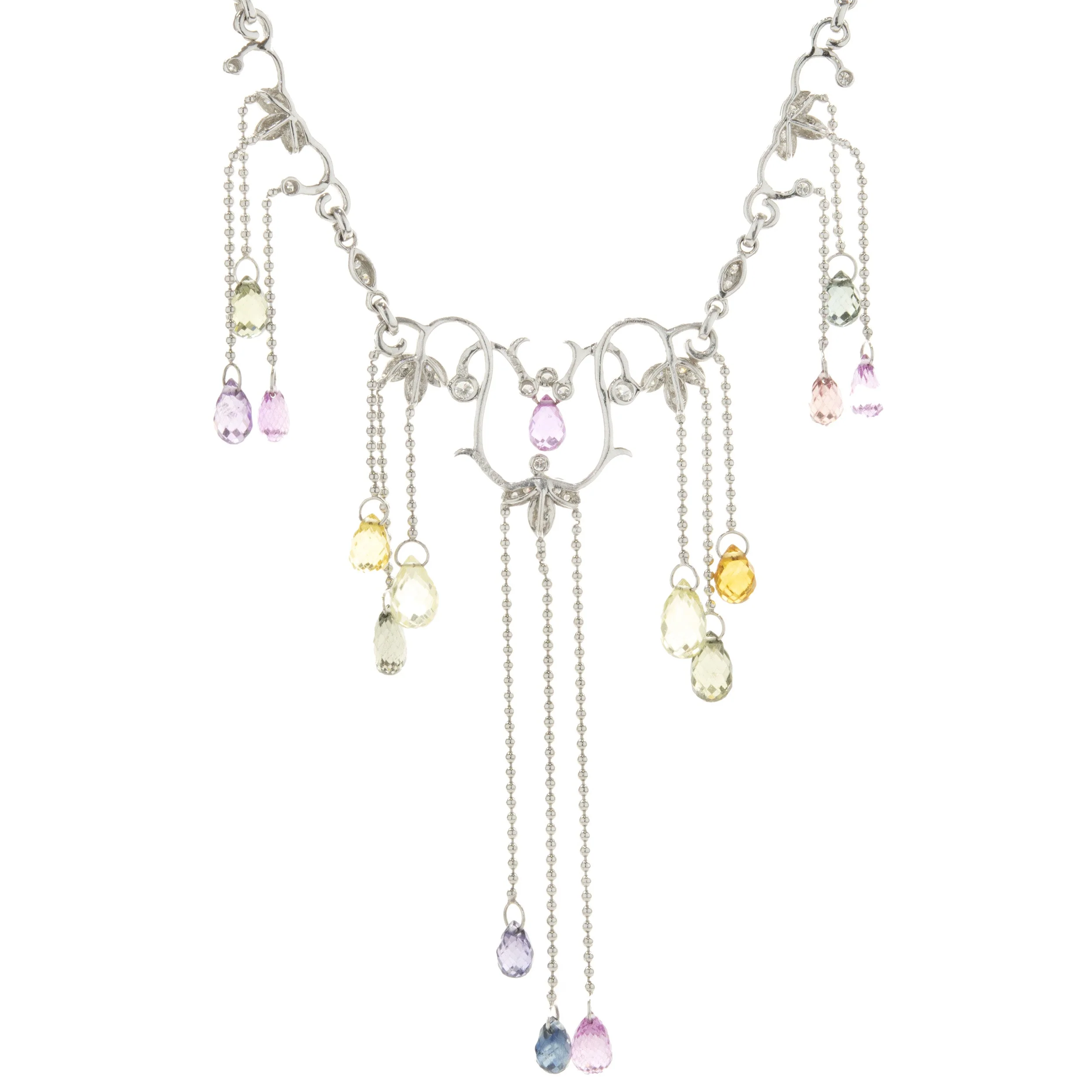 14 Karat White Gold Briolette Rainbow Sapphire and Diamond Drop Necklace - Image 2