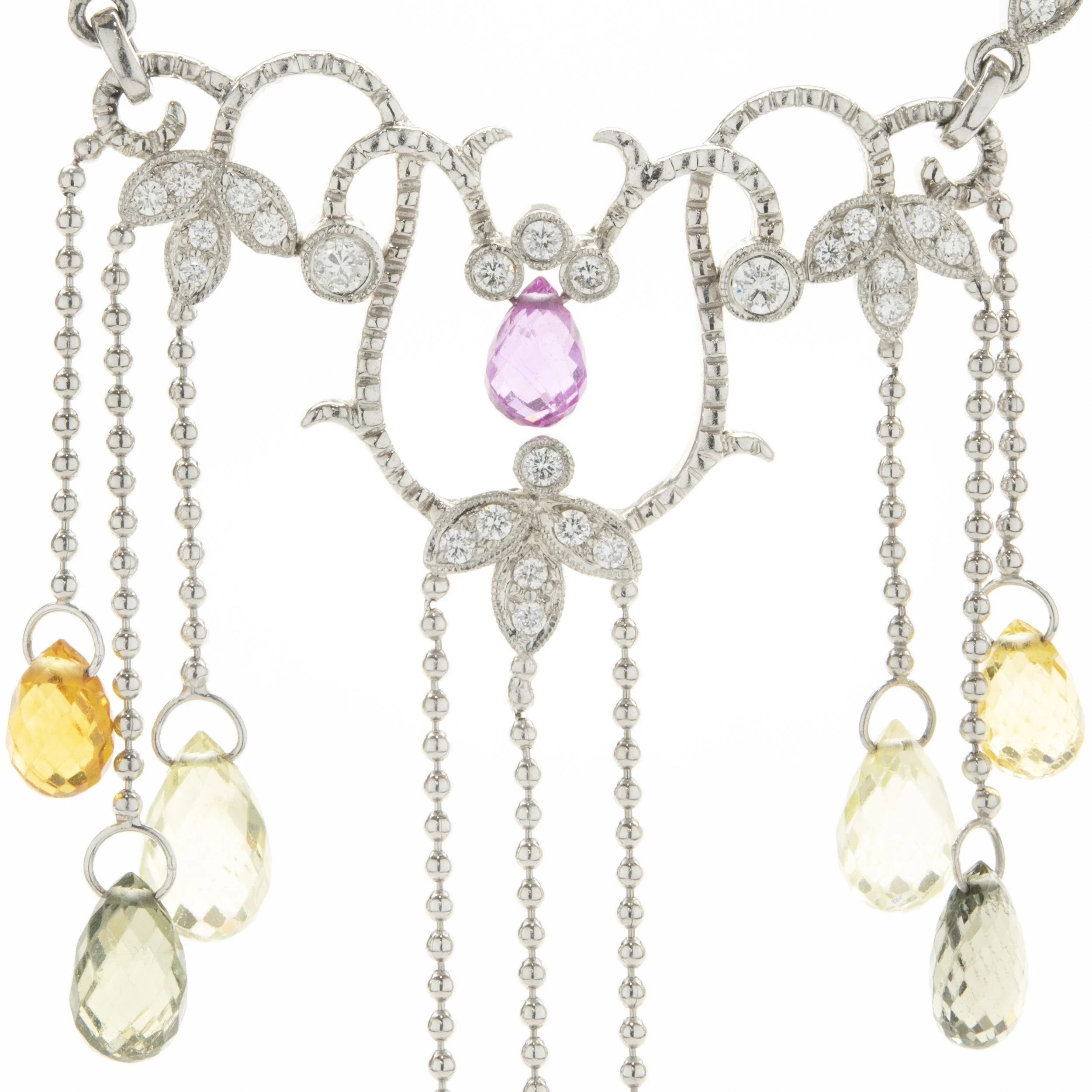 14 Karat White Gold Briolette Rainbow Sapphire and Diamond Drop Necklace - Image 3