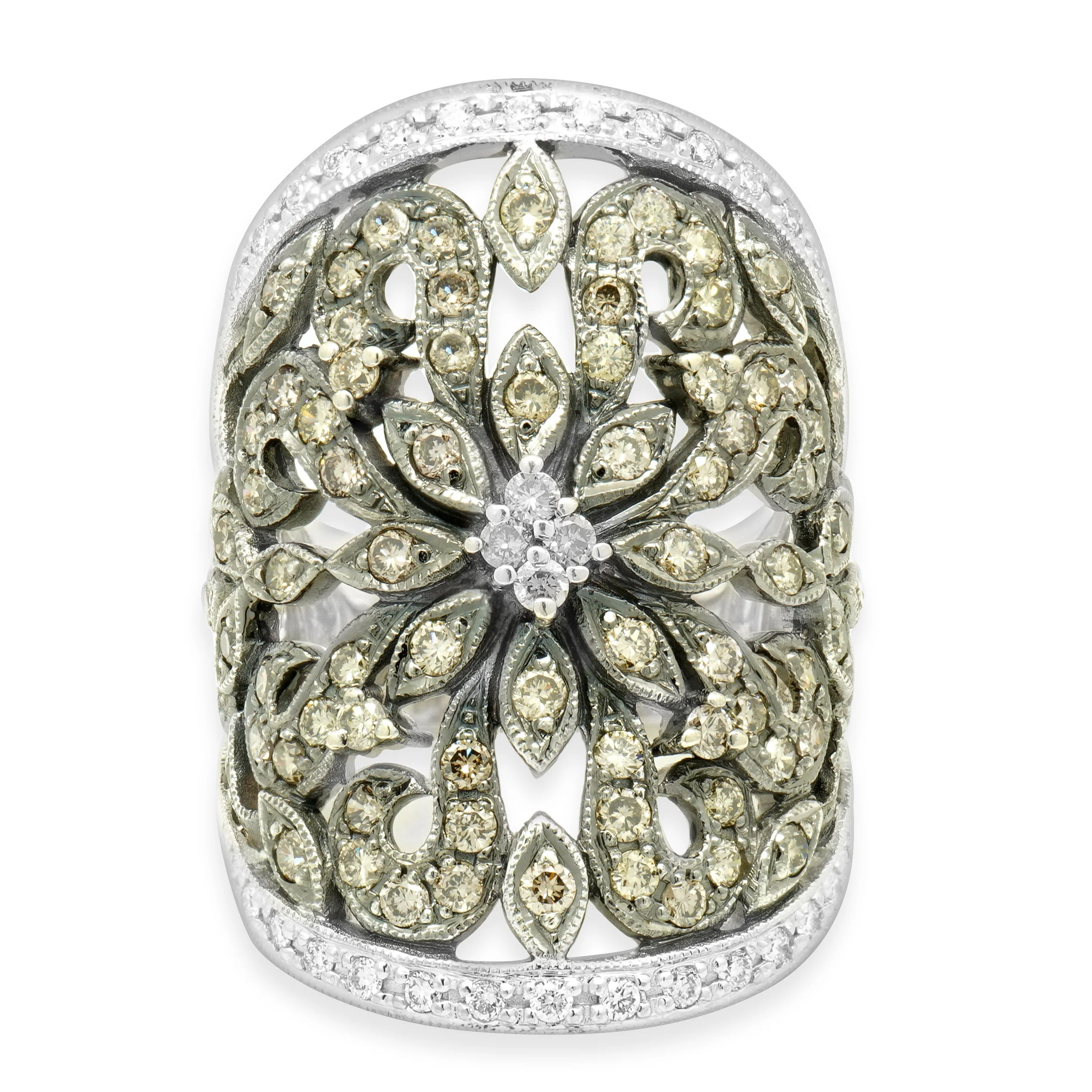 14 Karat White Gold Brown & White Filigree Diamond Ring
