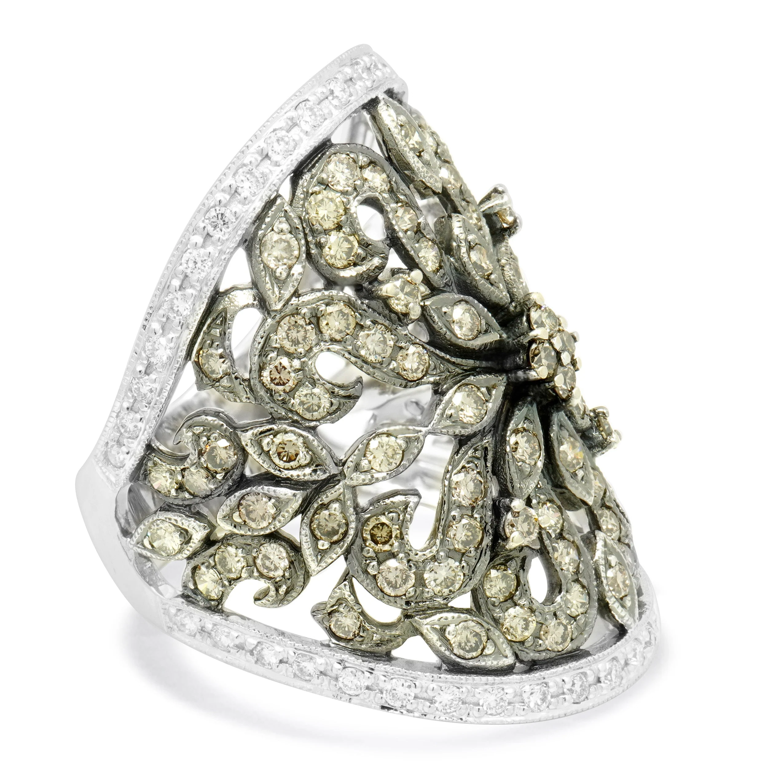 14 Karat White Gold Brown & White Filigree Diamond Ring - Image 2