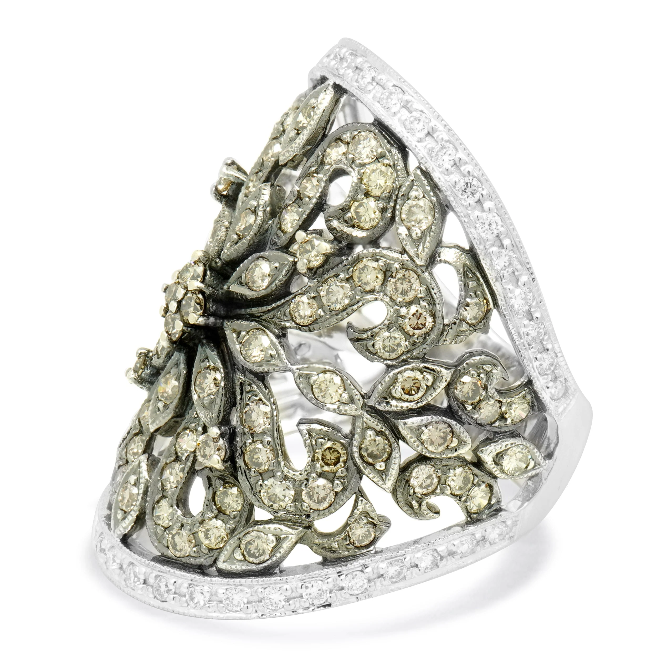 14 Karat White Gold Brown & White Filigree Diamond Ring - Image 3