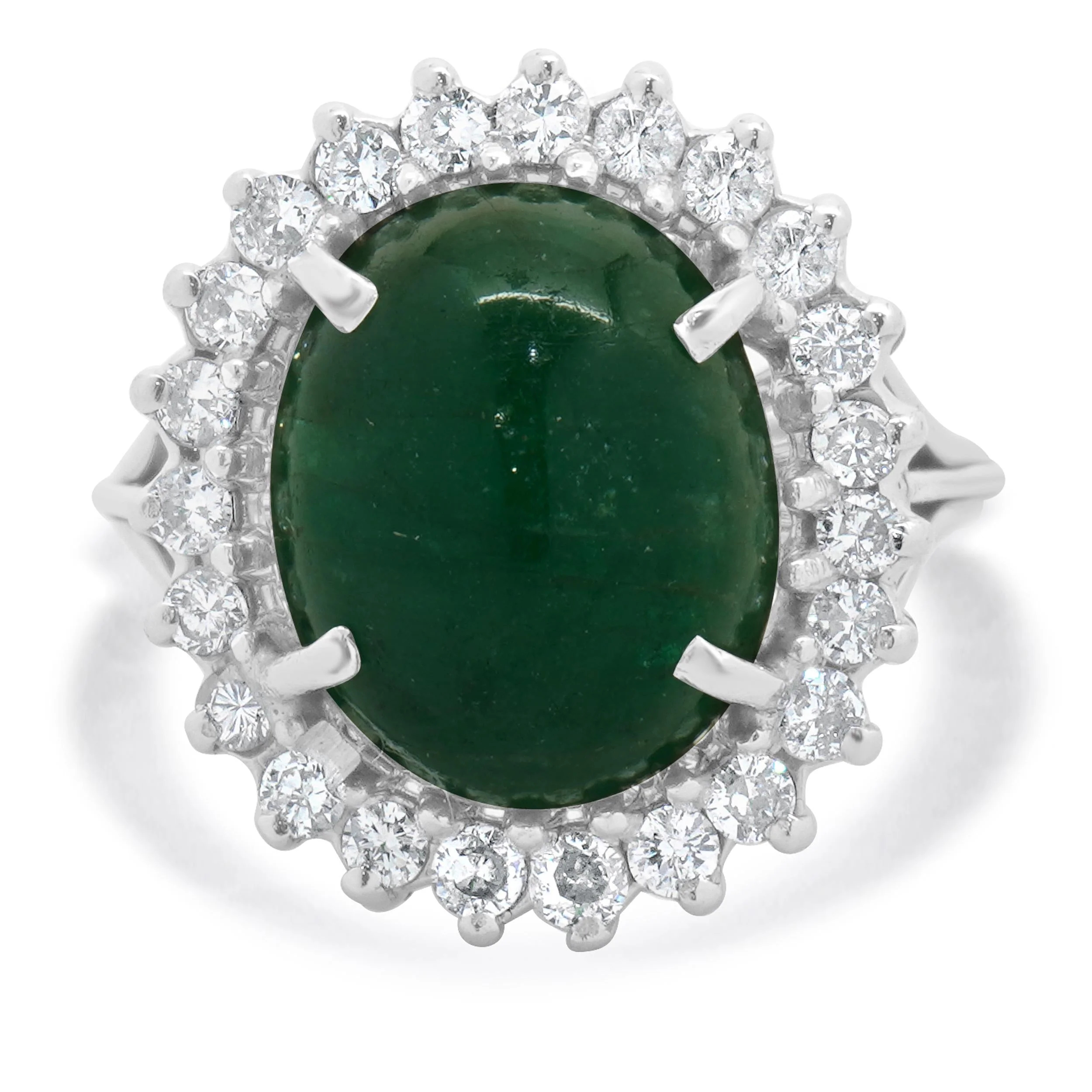 14 Karat White Gold Cabochon Emerald With Diamond Halo Ring