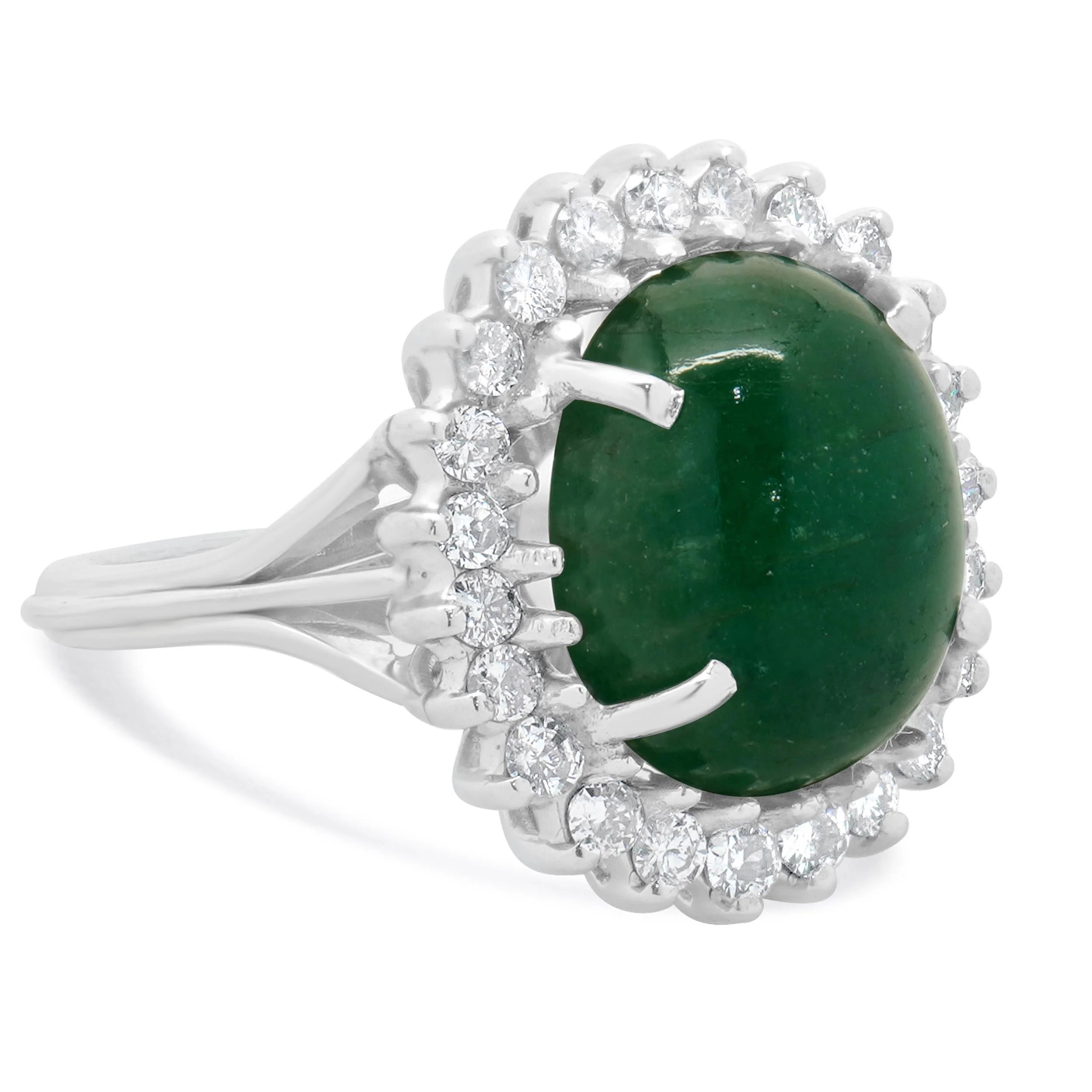14 Karat White Gold Cabochon Emerald With Diamond Halo Ring - Image 2