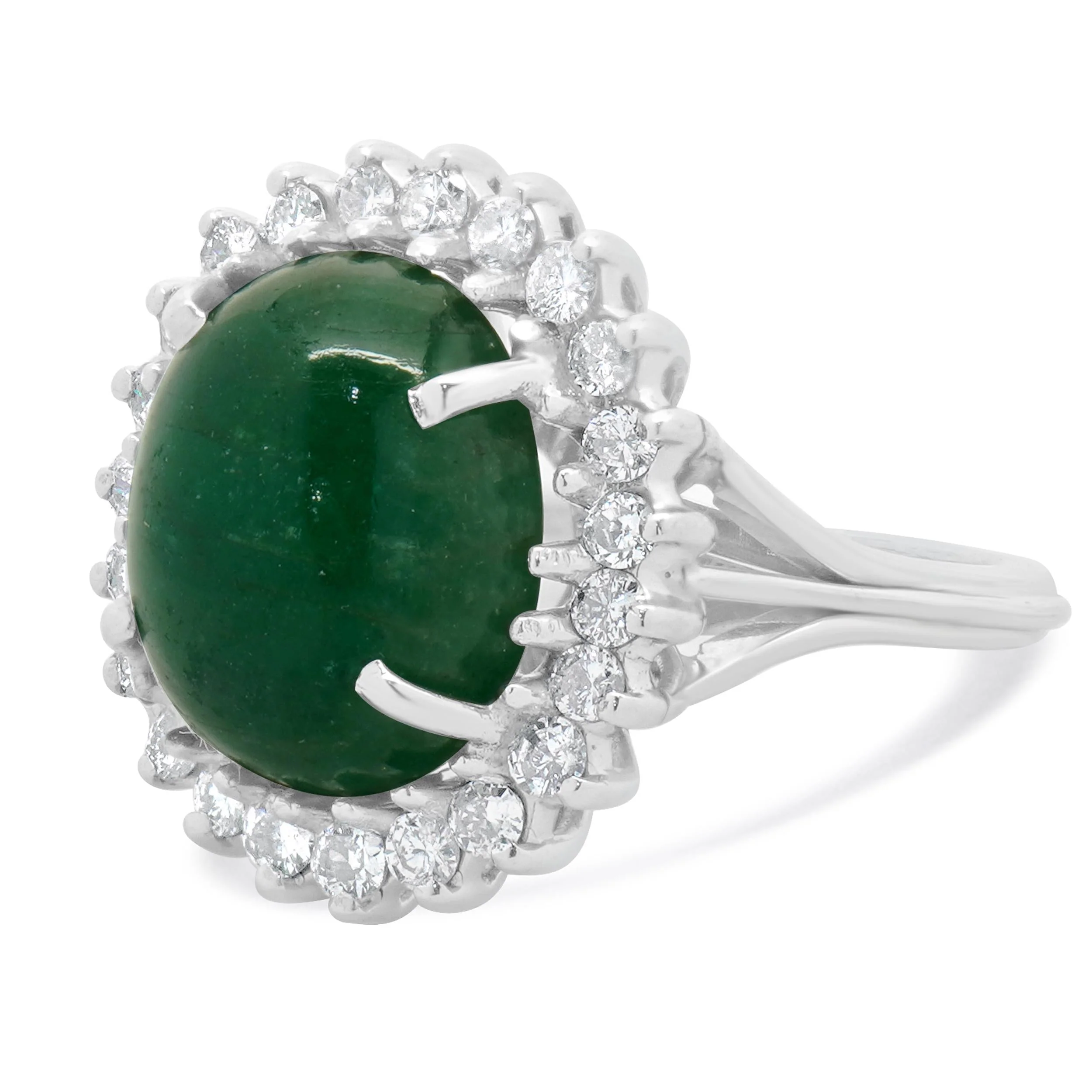 14 Karat White Gold Cabochon Emerald With Diamond Halo Ring - Image 3