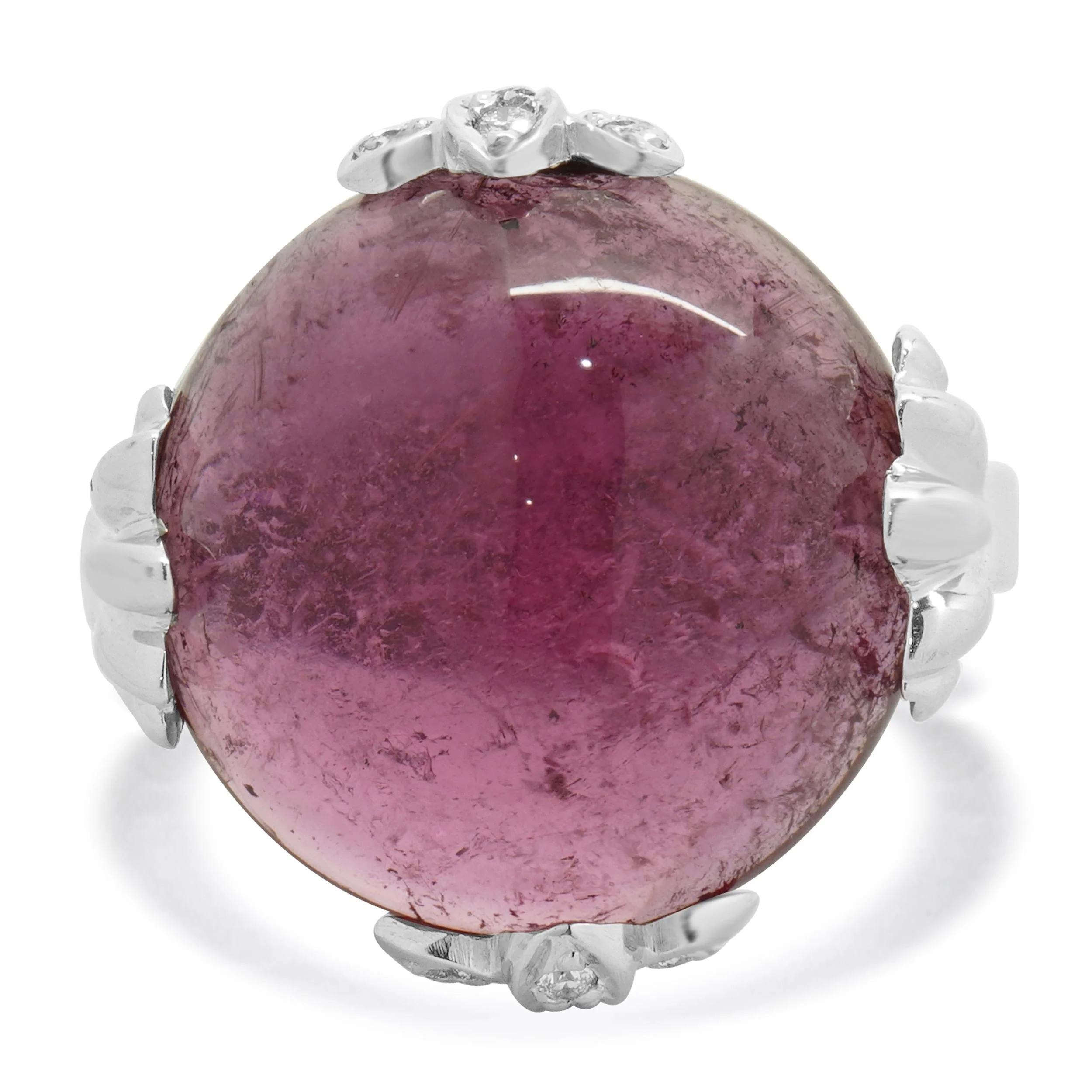 14 Karat White Gold Cabochon Pink Tourmaline and Diamond Ring
