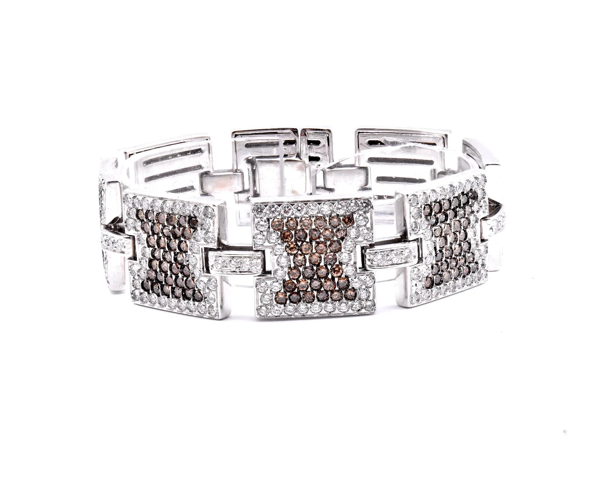 14 Karat White Gold Chocolate and White Diamond Square Link Bracelet