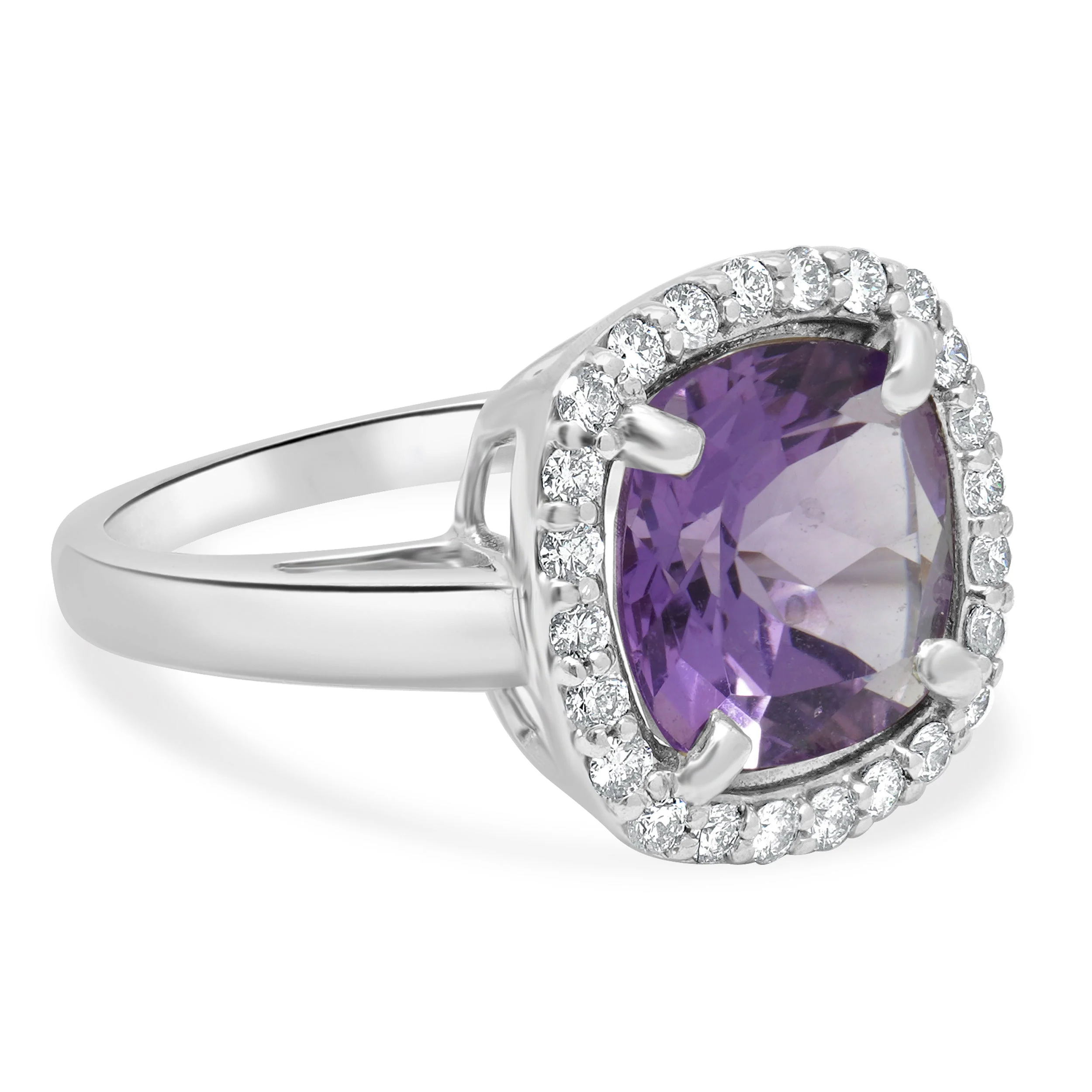 14 Karat White Gold Cushion Cut Amethyst and Round Diamond Halo Ring - Image 2