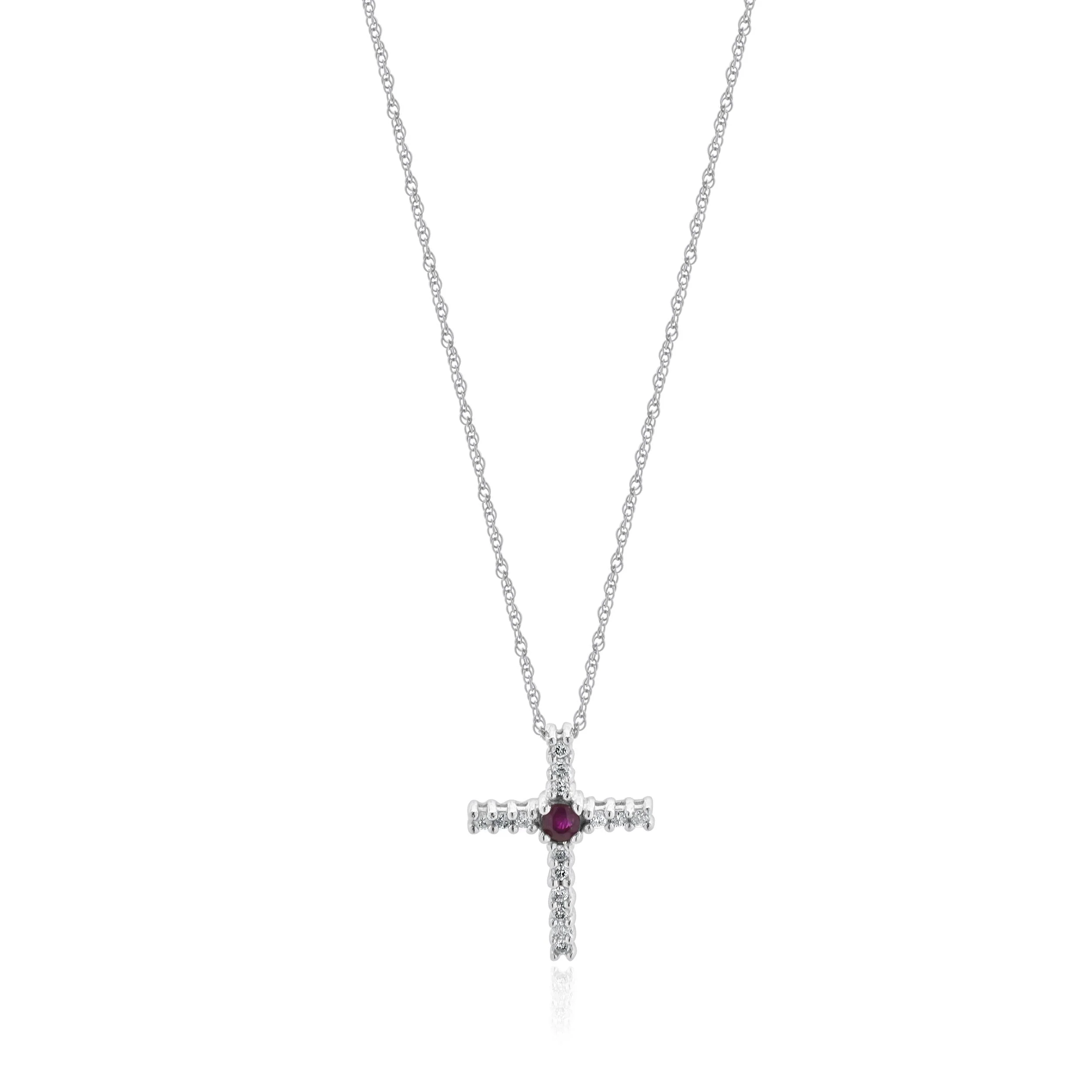 14 Karat White Gold Diamond and Ruby Cross Necklace