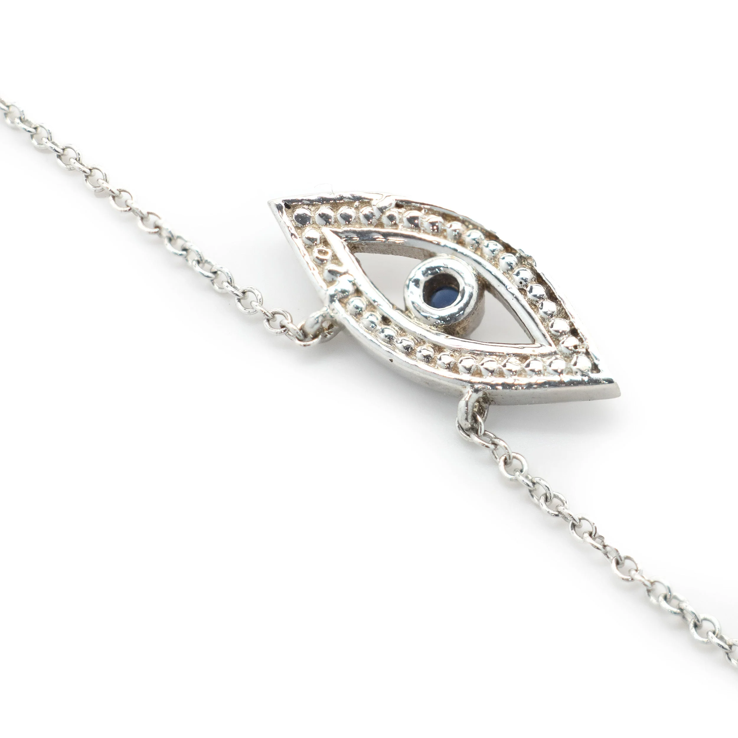 14 Karat White Gold Diamond and Sapphire Evil Eye Necklace - Image 2