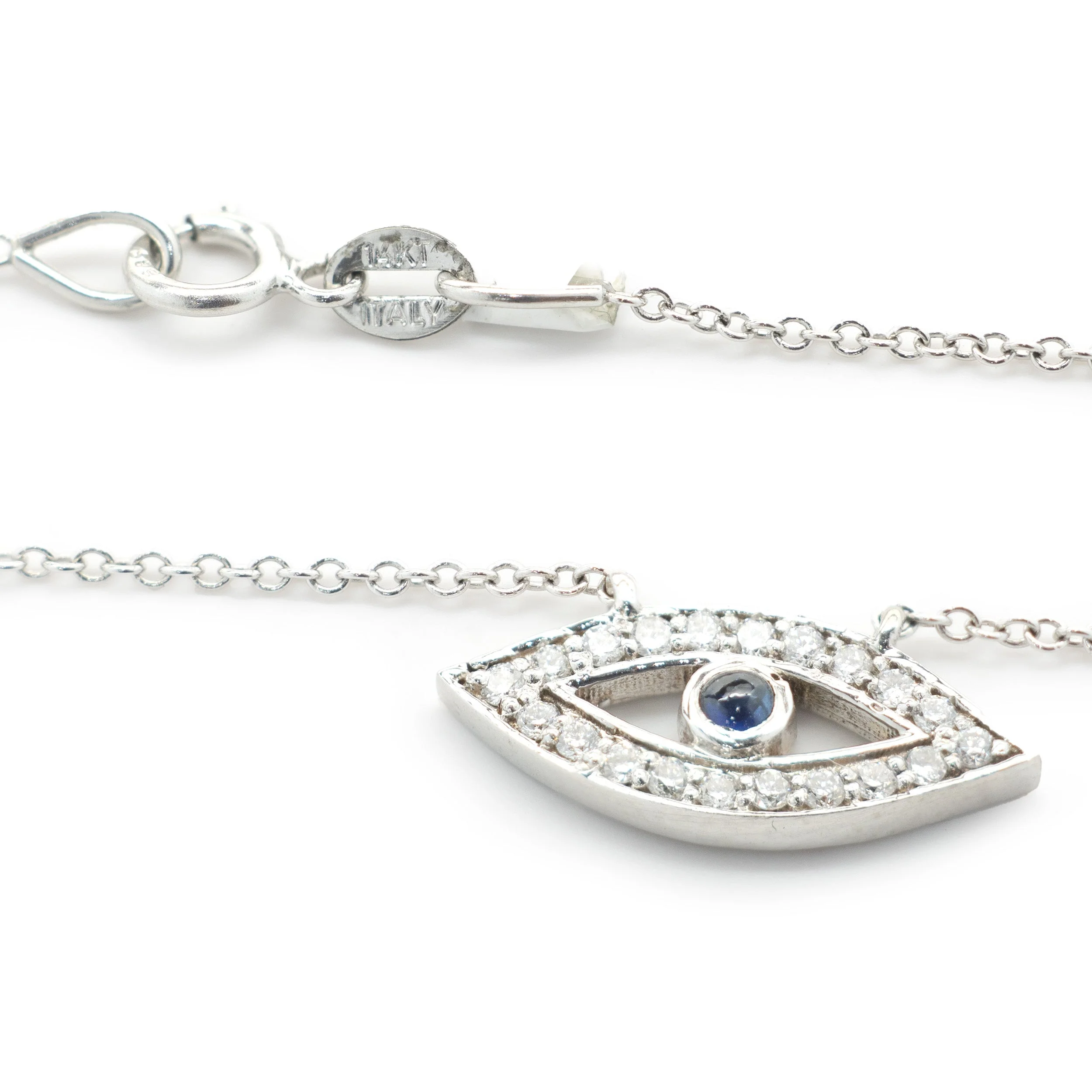 14 Karat White Gold Diamond and Sapphire Evil Eye Necklace - Image 3