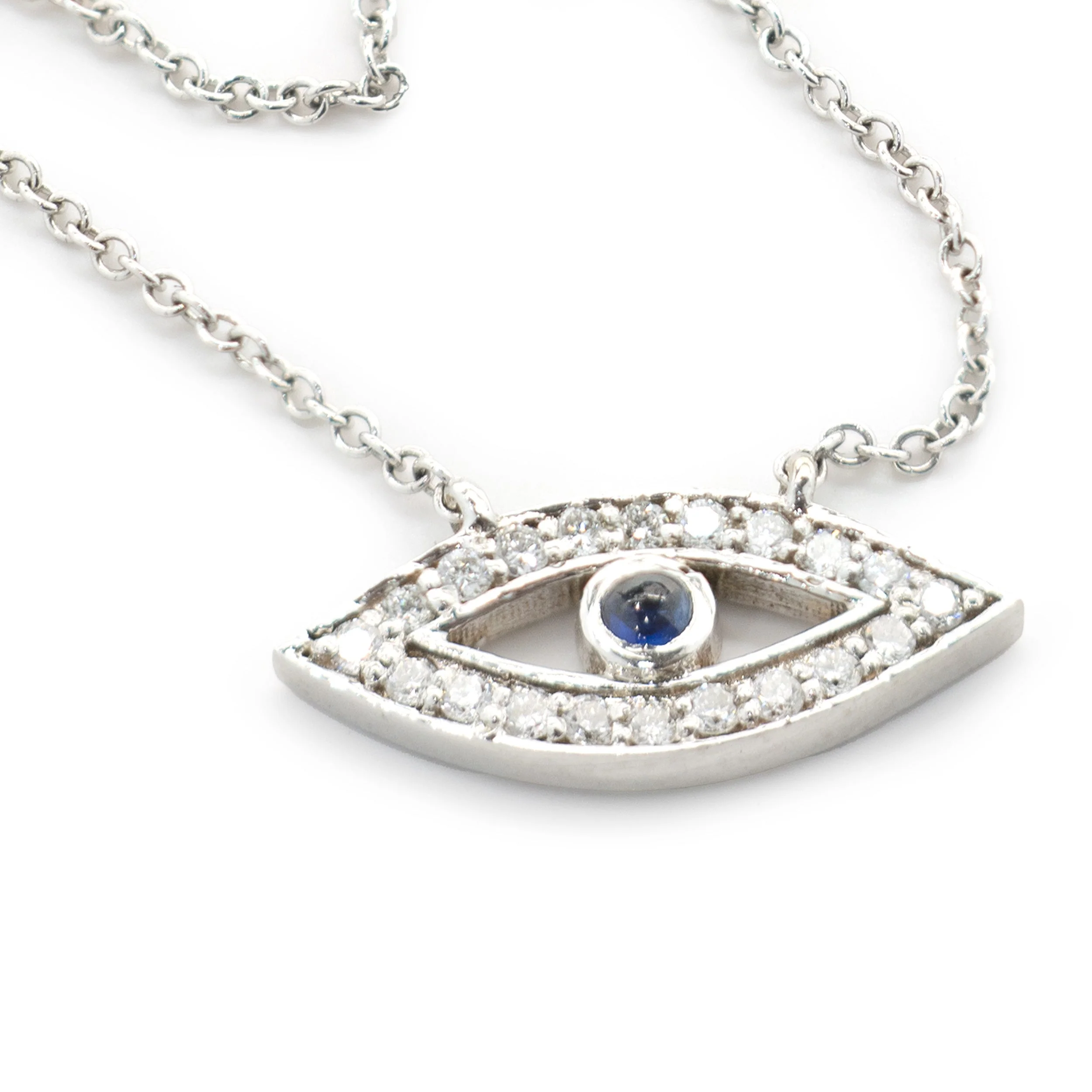 14 Karat White Gold Diamond and Sapphire Evil Eye Necklace - Image 4