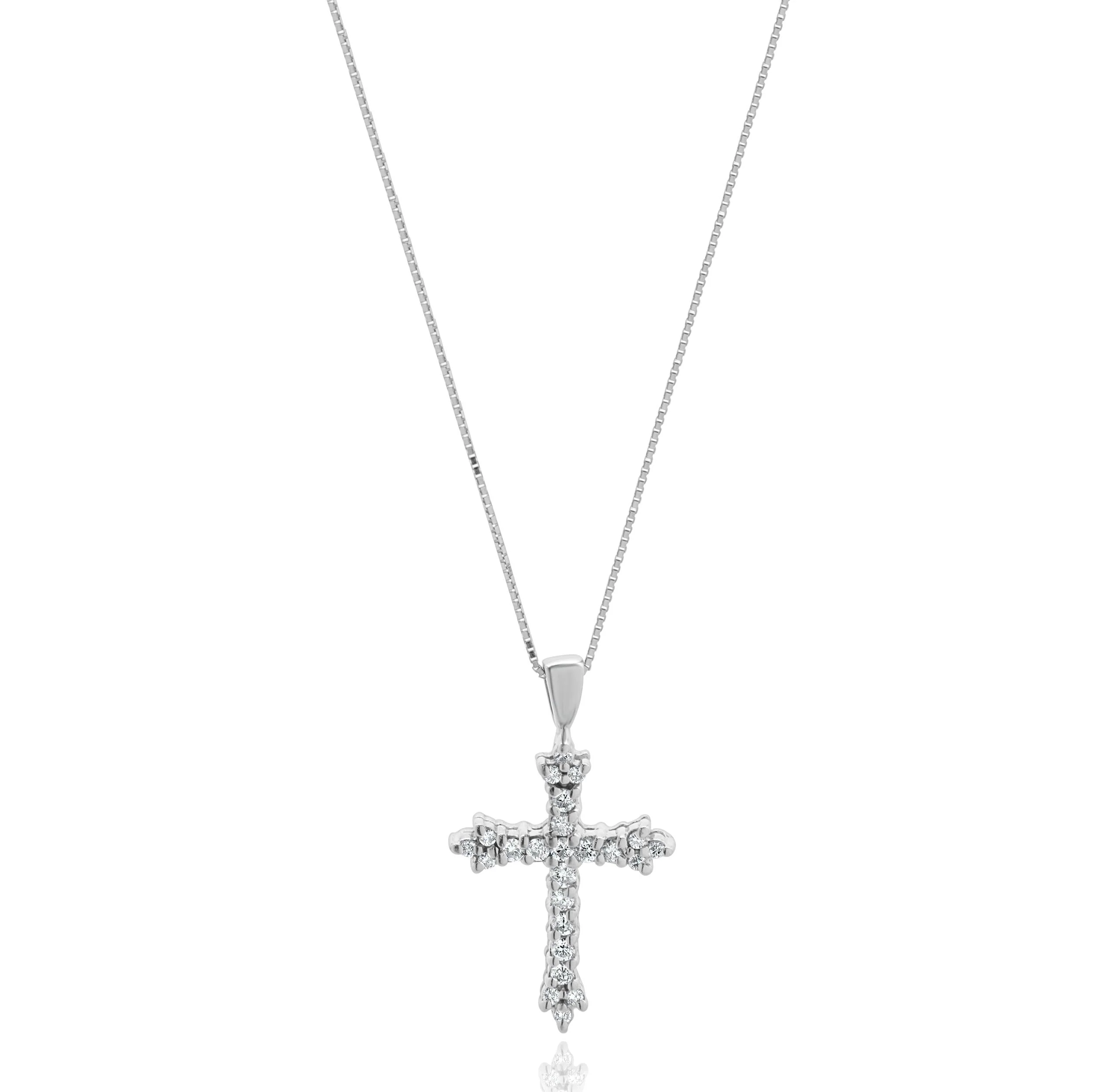 14 Karat White Gold Diamond Cross Necklace