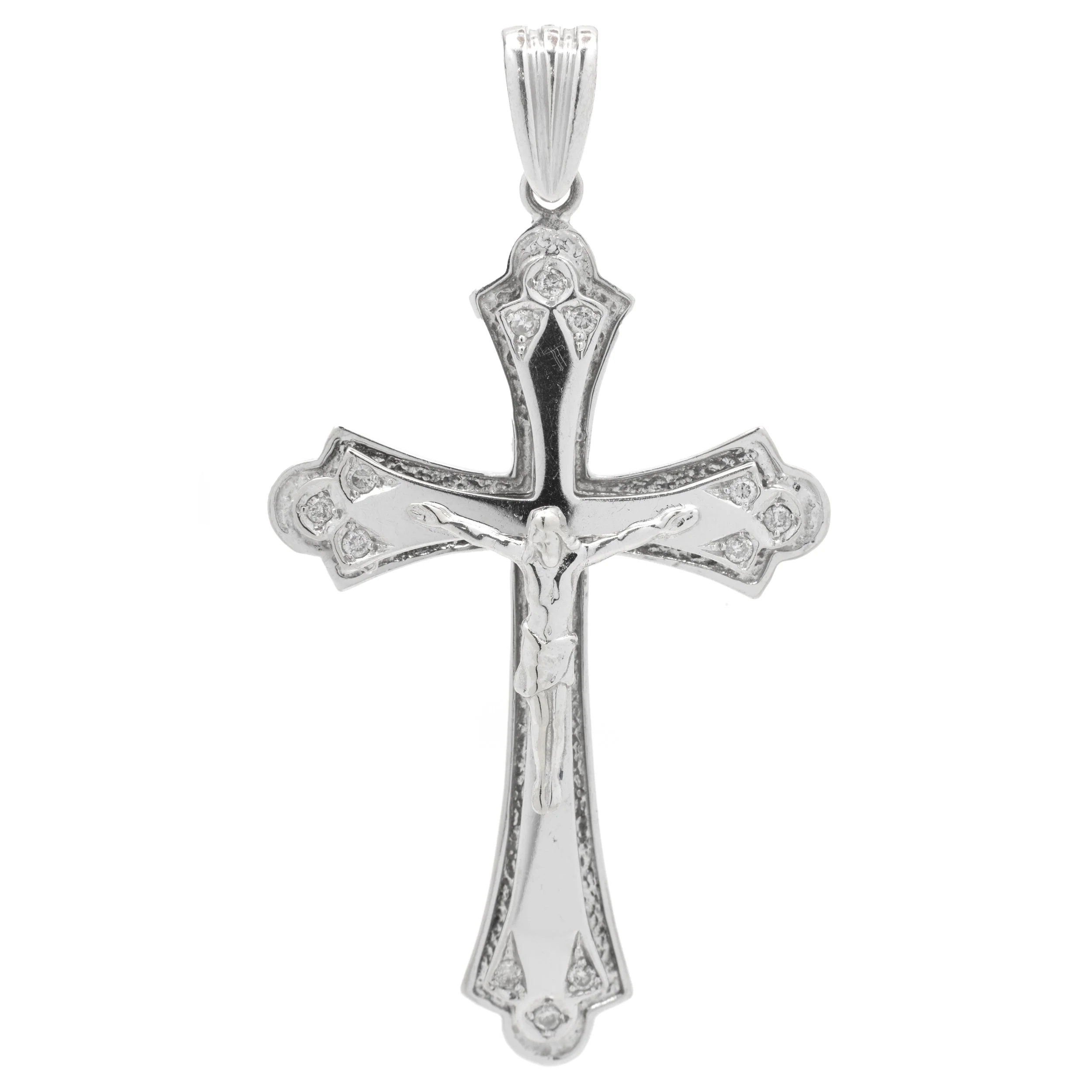 14 Karat White Gold Diamond Crucifix Cross Necklace