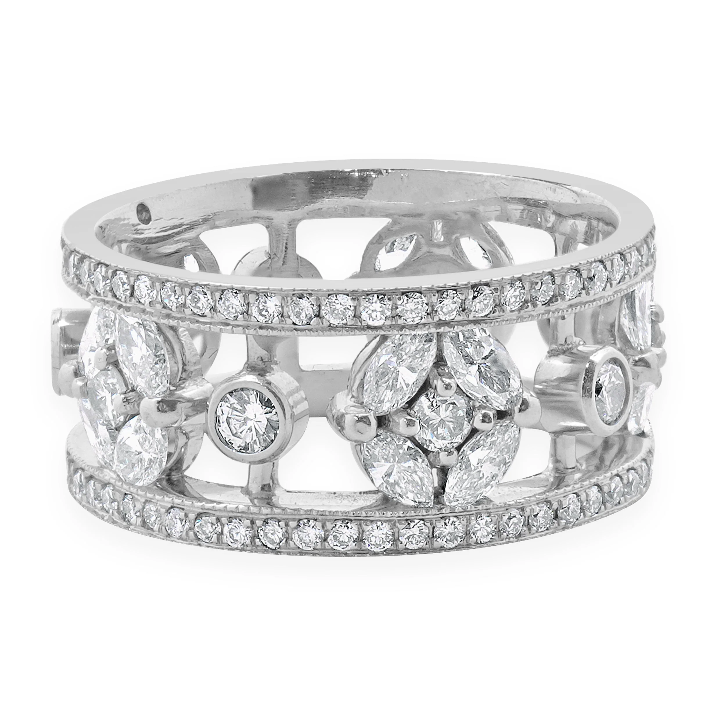 14 Karat White Gold Diamond Floral Station Cigar Band