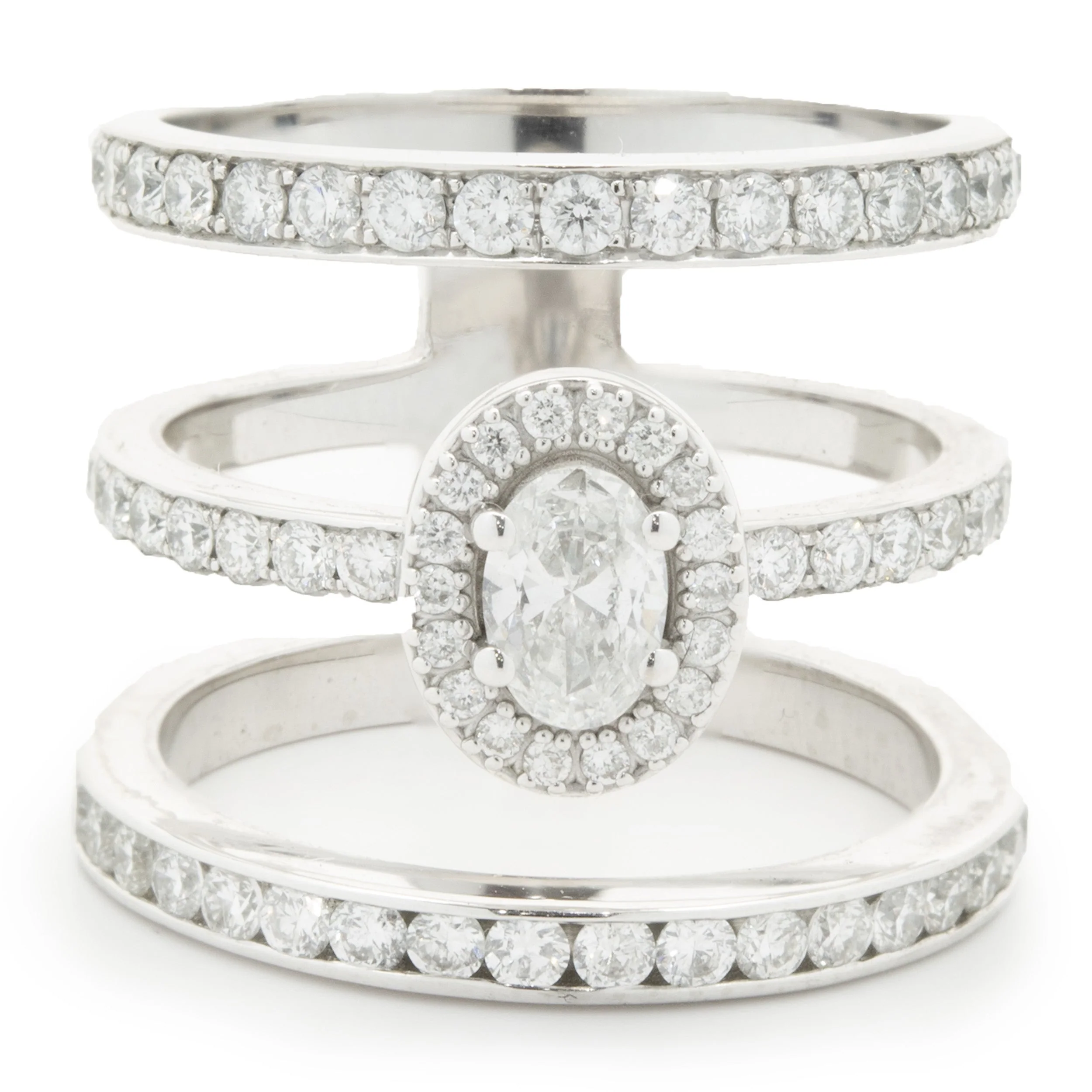 14 Karat White Gold Diamond Three Row Ring with Oval Centerpiece