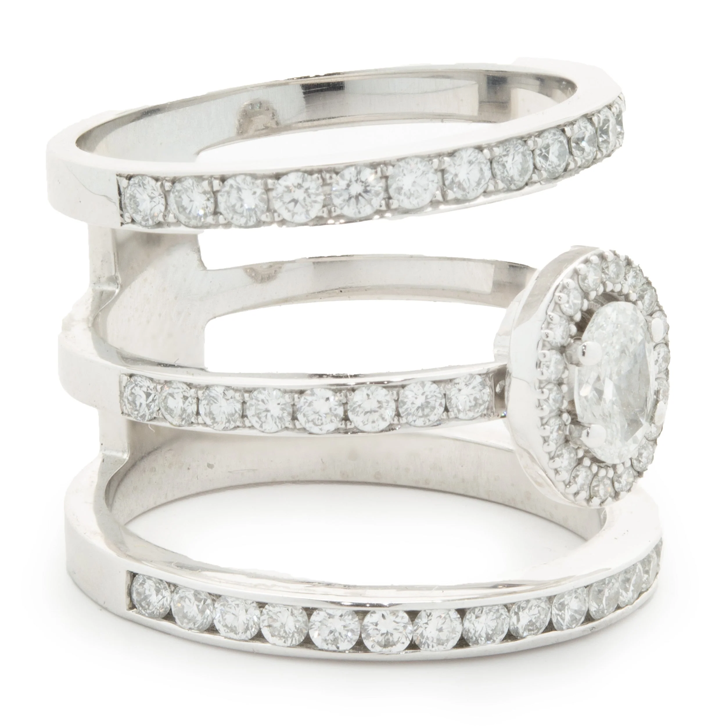 14 Karat White Gold Diamond Three Row Ring with Oval Centerpiece - Image 2